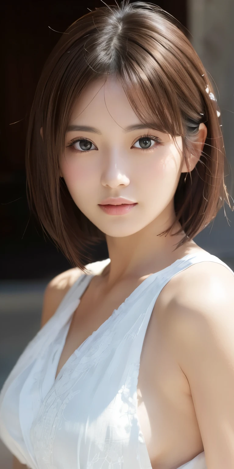 masterpiece、highest quality、High resolution、table top、wallpaper、realistic、bright lighting、professional lighting、face light、smooth lighting、japanese woman、adult woman、Beautiful woman、、modeled、gravure、sexy、super beautiful、beautiful skin、beautiful and detailed eyes、detailed face、slim、Medium chest size~Big 、short hair、brunette colored hair、brown eyes、look at the camera、japanese kimono、Japanese Yukata、In Fair