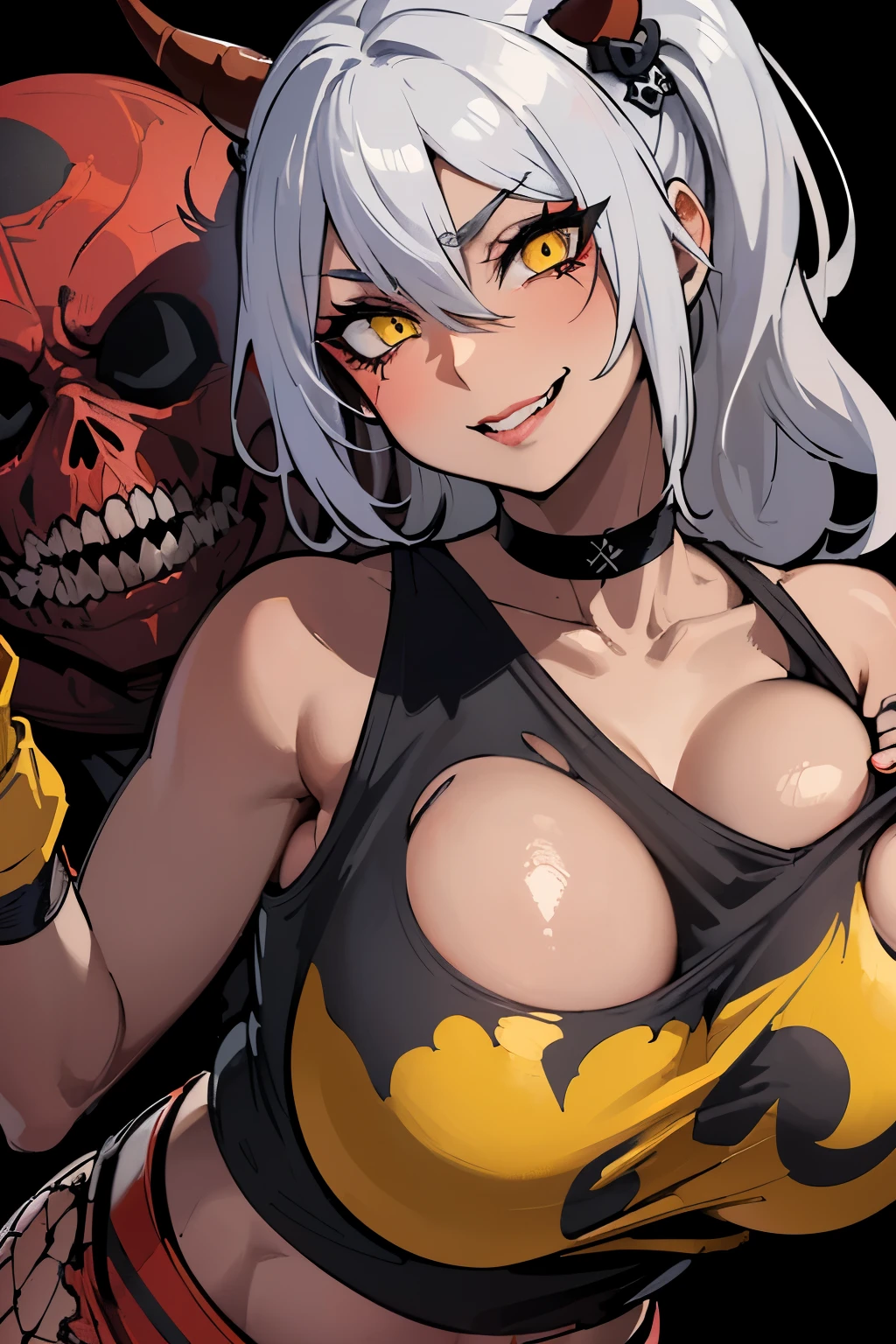 (Darkest dungeon art style:1.2), (colourful cinematic trailer screencap), (gorgeous oni female:1.2), (hot goth milf:1.2), (red skin:1.3), messy silver hair, slim and fit, (perfect ), (short and small), (cropped tank top:1.3), (high heels), (fishnets:1.1), (torn hot pants:1.3), (yellow lips:1.2), (painted long nails:1.2), (fingerless gloves), (choker), (smug and unhinged:1.2), lustful grin, (detailed face and eyes:1.2), (studio lighting), (highly detailed:1.2), 8k wallpaper, best quality, sharp focus, intricate, (detailed hand and finger:1.1), (huge breasts:1.1), (bimbo), (deep cleavage:1.1), (labia outline:1.2), (breasts outline:1.2).
