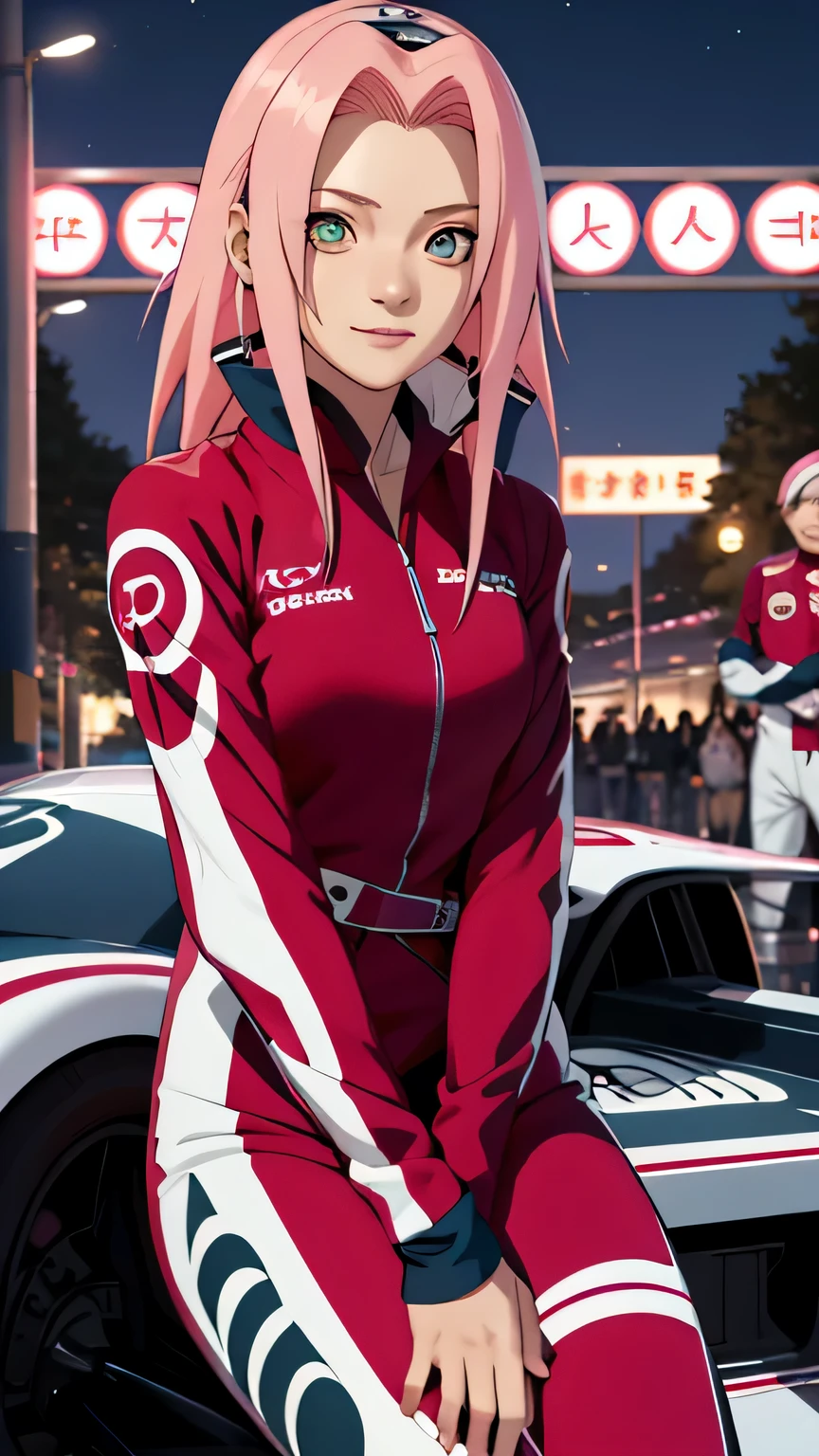 tmasterpiece, Best quality at best, 1girll,Sakura Haruno,(fullbody closeup),Raised sexy,is shy,ssmile,with pink hair, long whitr hair, (Green eyeballs:1.4), Forehead protection, race circuit at night with formula car background,long sleeve, blue coloured race suit