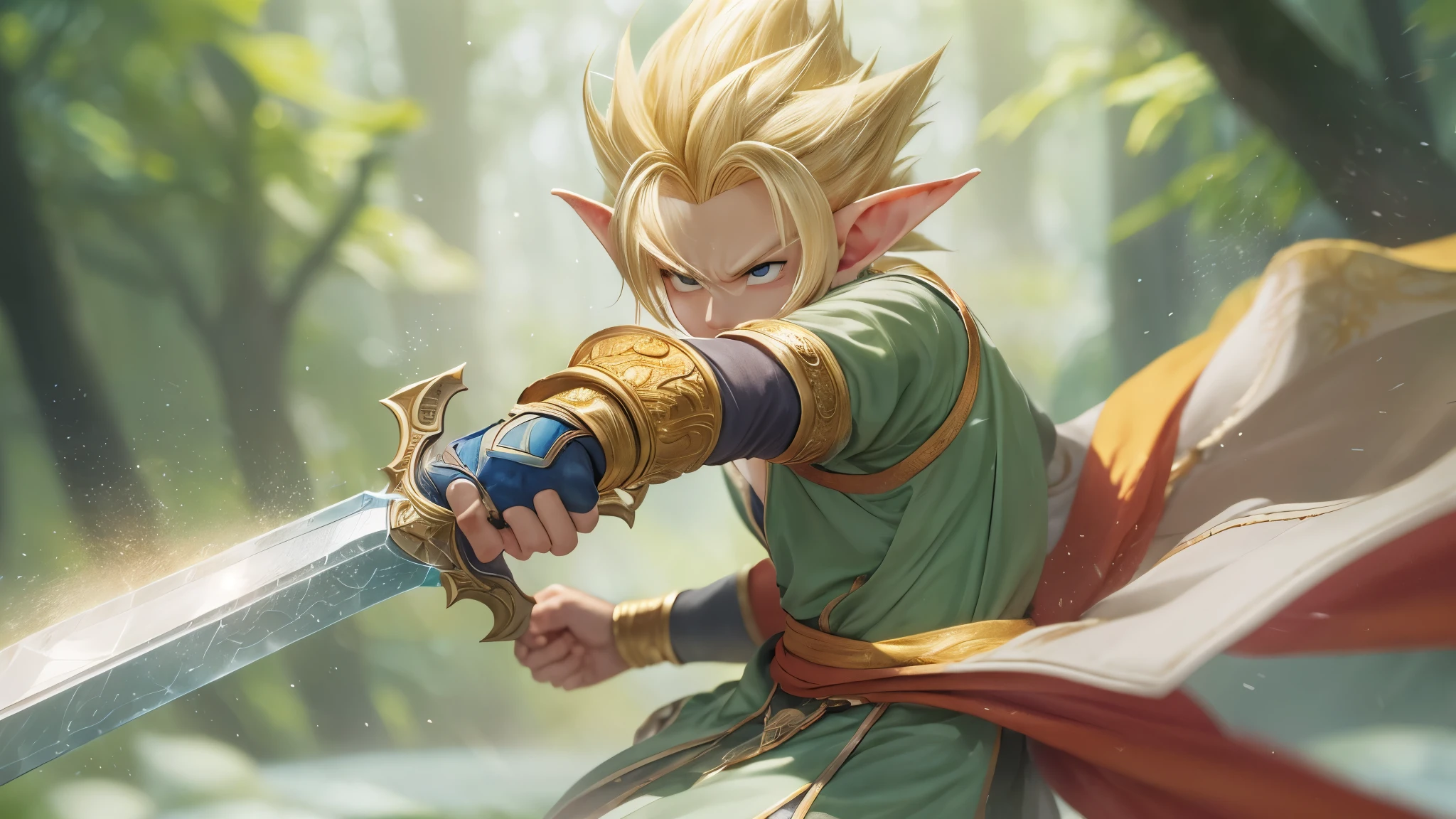 (masterpiece), 8k, best quality, full body, elf boy, naive, male, teenager, 14 years old, white skin, slim body, pointed elf ears, beautiful finely detailed silver eyes, high forehead, hair yellow blonde spiky like Gohan from the anime dragon ball (super sayajin), Incredibly handsome, calm appearance, conservative elven outfit, holding a short sword,nordic detailed hilt,sharp focus,realistic lighting,vivid colors,physically-based rendering,swordfighting,warrior,brave,strong,hero,valor,fearless,action-packed,adventure,heroic pose,serious expression