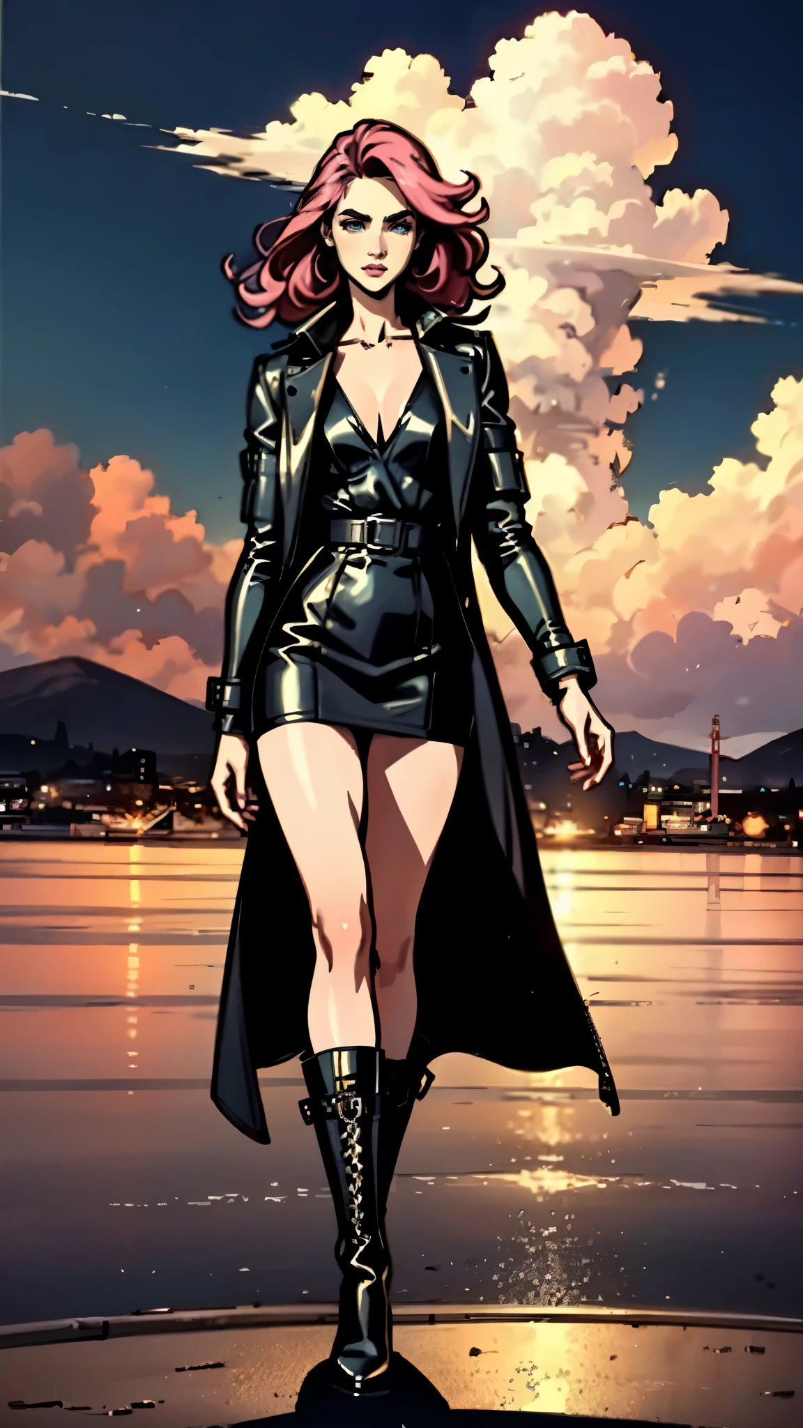 (A beautiful young girl with long curly pink hair, slender eyebrows, sparkling eyes, a bewildered expression, an oval-shapedl face with pale skin, a knee-length form-fitting leather trench coat with very short sleeves, she adorns both hands with metallic wrist guards in a sci-fi ancient civilization style, her long legs are clad in leather boots as she soars through the misty clouds), this character embodies a finely crafted fantasy-realism style western ranger in anime style, exquisite and mature manga art style, porcelain skin, perfect skin, perfect eyes, (Jennifer Connelly:1.2), high definition, best quality, highres, ultra-detailed, ultra-fine painting, extremely delicate, professional, anatomically correct, symmetrical face, extremely detailed eyes and face, high quality eyes, creativity, RAW photo, UHD, 32k, Natural light, cinematic lighting, masterpiece-anatomy-perfect, masterpiece:1.5