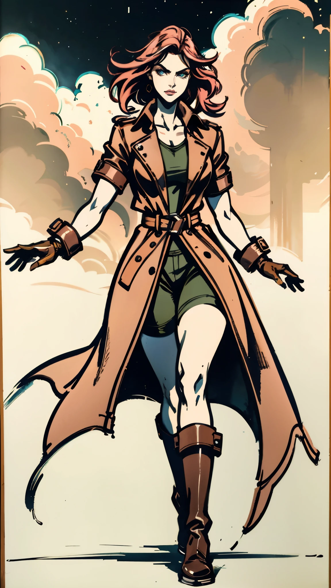 (A beautiful young girl with long curly pink hair, slender eyebrows, sparkling eyes, a bewildered expression, an oval-shapedl face with pale skin, a knee-length form-fitting leather trench coat with very short sleeves, she adorns both hands with metallic wrist guards in a sci-fi ancient civilization style, her long legs are clad in leather boots as she soars through the misty clouds), this character embodies a finely crafted fantasy-realism style western ranger in anime style, exquisite and mature manga art style, porcelain skin, perfect skin, perfect eyes, (Alexandra Daddario:1.2), high definition, best quality, highres, ultra-detailed, ultra-fine painting, extremely delicate, professional, anatomically correct, symmetrical face, extremely detailed eyes and face, high quality eyes, creativity, RAW photo, UHD, 32k, Natural light, cinematic lighting, masterpiece-anatomy-perfect, masterpiece:1.5