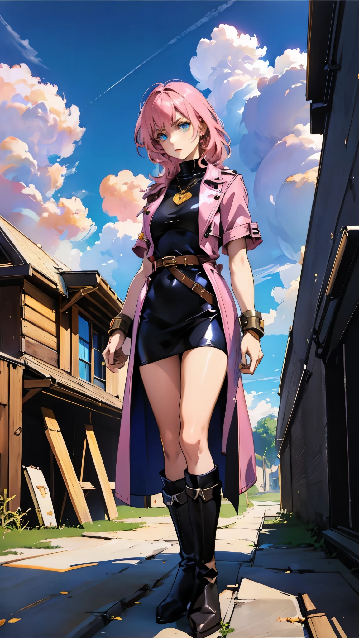 (A beautiful young girl with long curly pink hair, slender eyebrows, sparkling eyes, a bewildered expression, an oval-shapedl face with pale skin, a knee-length form-fitting leather trench coat with very short sleeves, she adorns both hands with metallic wrist guards in a sci-fi ancient civilization style, her long legs are clad in leather boots as she soars through the misty clouds), this character embodies a finely crafted fantasy-realism style western ranger in anime style, exquisite and mature manga art style, porcelain skin, perfect skin, perfect eyes, high definition, best quality, highres, ultra-detailed, ultra-fine painting, extremely delicate, professional, anatomically correct, symmetrical face, extremely detailed eyes and face, high quality eyes, creativity, RAW photo, UHD, 32k, Natural light, cinematic lighting, masterpiece-anatomy-perfect, masterpiece:1.5
