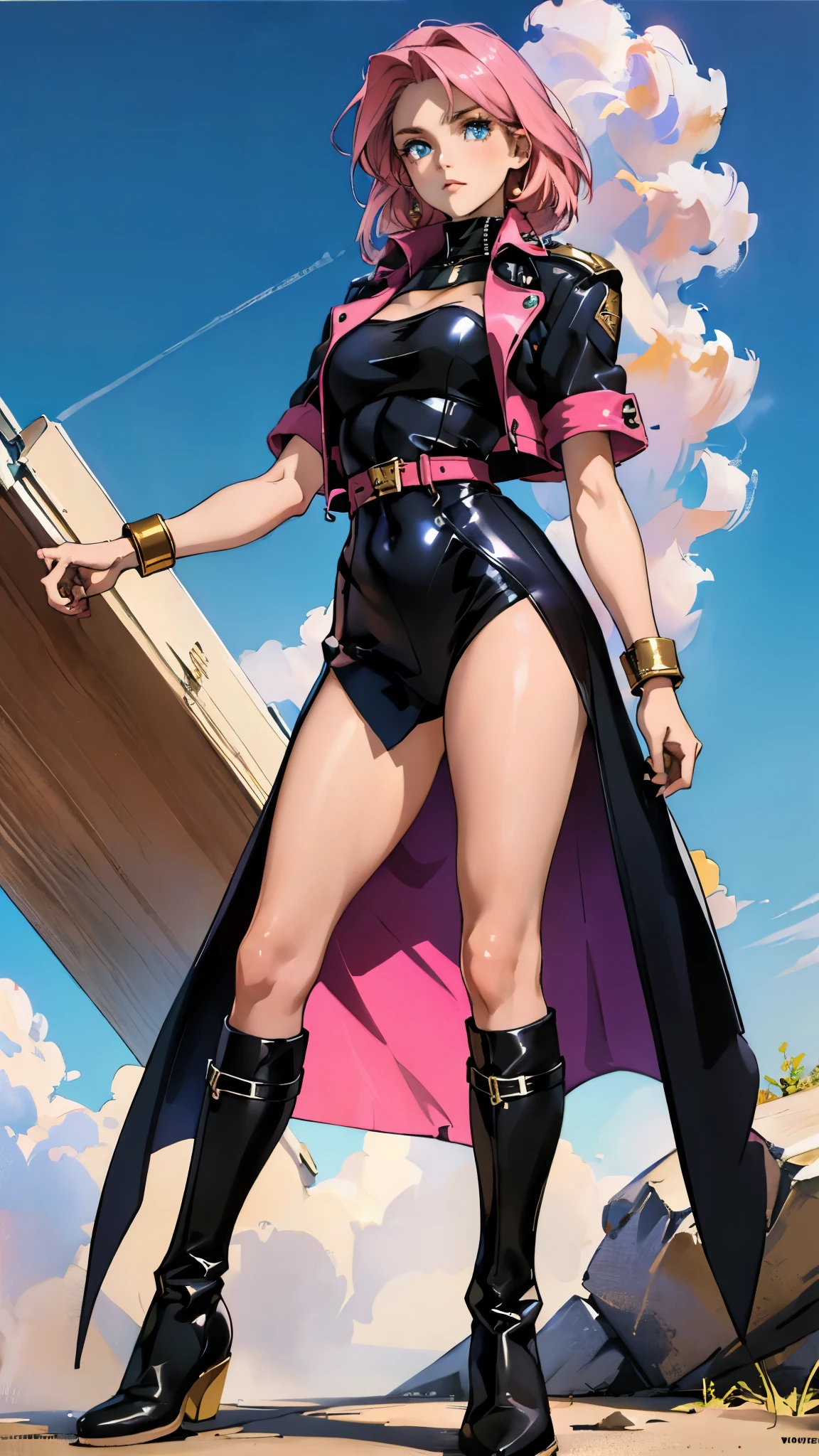 (A beautiful young girl with long curly pink hair, slender eyebrows, sparkling eyes, a bewildered expression, an oval-shapedl face with pale skin, a knee-length form-fitting leather trench coat with very short sleeves, she adorns both hands with metallic wrist guards in a sci-fi ancient civilization style, her long legs are clad in leather boots as she soars through the misty clouds), this character embodies a finely crafted fantasy-realism style western ranger in anime style, exquisite and mature manga art style, porcelain skin, perfect skin, perfect eyes, high definition, best quality, highres, ultra-detailed, ultra-fine painting, extremely delicate, professional, anatomically correct, symmetrical face, extremely detailed eyes and face, high quality eyes, creativity, RAW photo, UHD, 32k, Natural light, cinematic lighting, masterpiece-anatomy-perfect, masterpiece:1.5