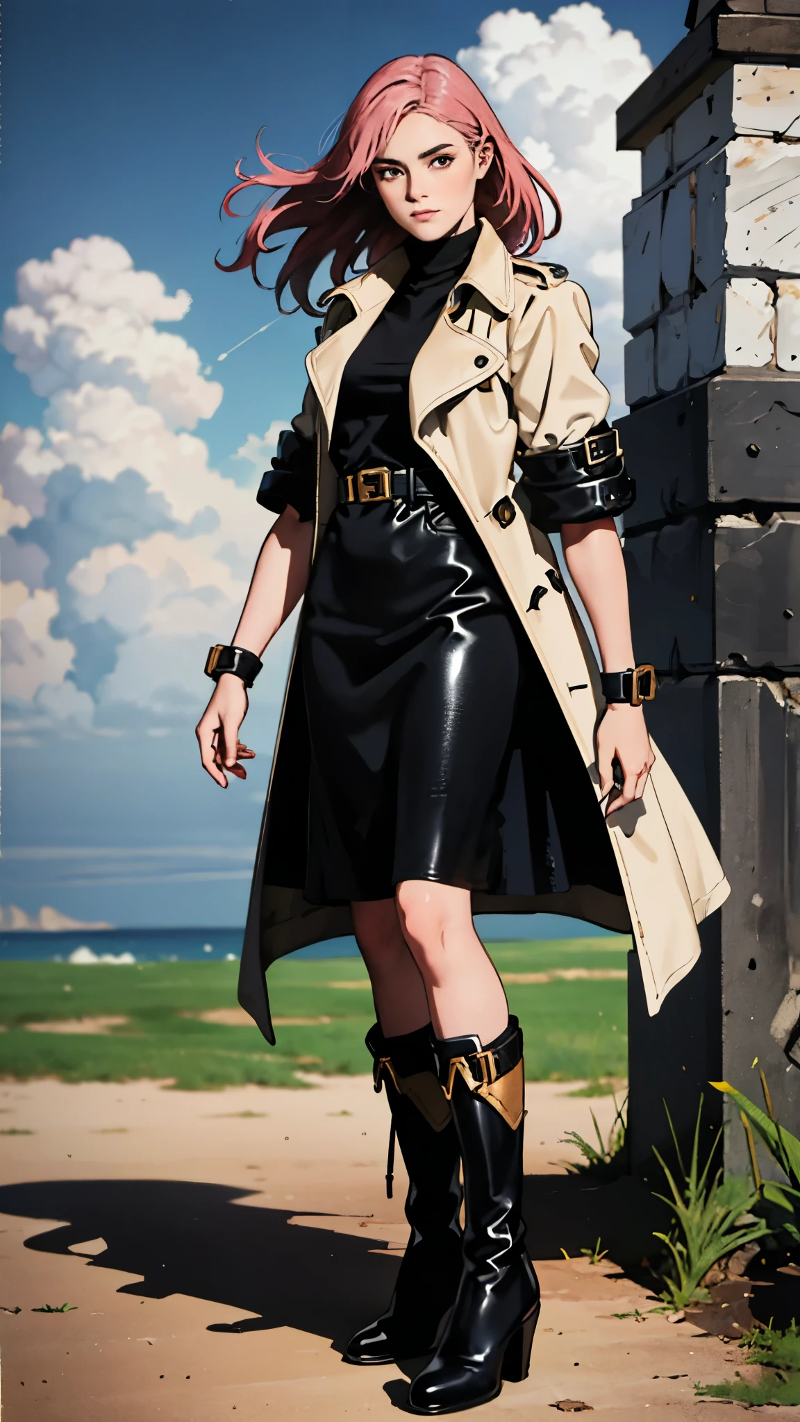 (A beautiful young girl with long curly pink hair, slender eyebrows, sparkling eyes, a bewildered expression, an oval-shapedl face with pale skin, a knee-length form-fitting leather trench coat with very short sleeves, she adorns both hands with metallic wrist guards in a sci-fi ancient civilization style, her long legs are clad in leather boots as she soars through the misty clouds), this character embodies a finely crafted fantasy-realism style western ranger in anime style, exquisite and mature manga art style, porcelain skin, perfect skin, perfect eyes, high definition, best quality, highres, ultra-detailed, ultra-fine painting, extremely delicate, professional, anatomically correct, symmetrical face, extremely detailed eyes and face, high quality eyes, creativity, RAW photo, UHD, 32k, Natural light, cinematic lighting, masterpiece-anatomy-perfect, masterpiece:1.5