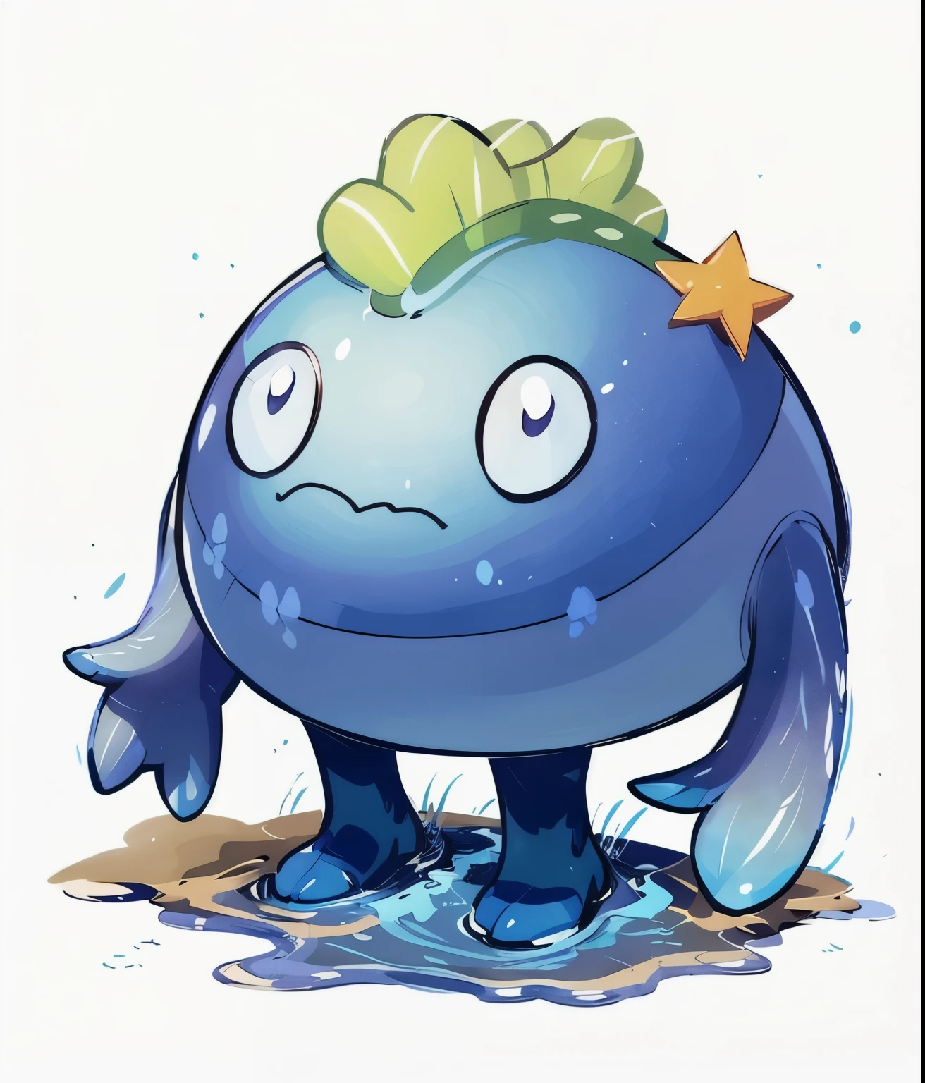 a cartoon angry blue monster with a green leaf on its head, weird pokemon, slime monster, absurdist wiggly blob in a dress, style of cute pokemon, conceptual mystery pokemon, cartoon creature, cute monster character design, slimy shiny reflective joy, monster character design, slime, sludgy, a friendly wisp, similar to pokemon, wee whelp, grogu, angry, angry face, angry expression, moody, 