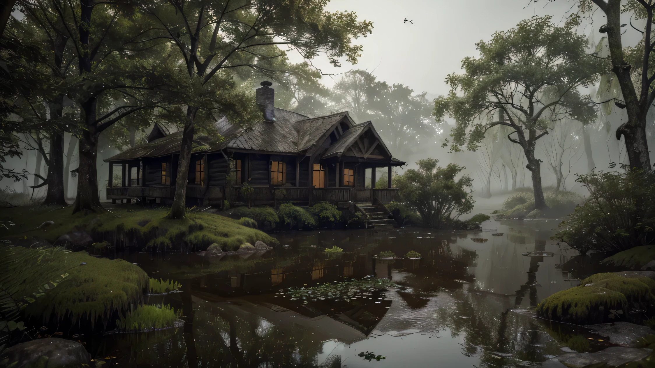 (Melhor qualidade,4K,8k,high resolution,obra de arte:1.2),ultra-detalhado,(realista,photorealista,photo-realista:1.37),um obscuro, Moss-covered swamp with gnarled tree roots emerging from murky water, a dense fog hovering over the surface, hunter's cabin, terreno acidentado:1.4, pedras, arbustos altos:1.2, criando uma atmosfera estranha, a quietude quebrada apenas pelo coaxar ecoante de um sapo distante, The heavy air with the smell of damp earth and decaying vegetation, A sense of mystery and intrigue permeating the scene,