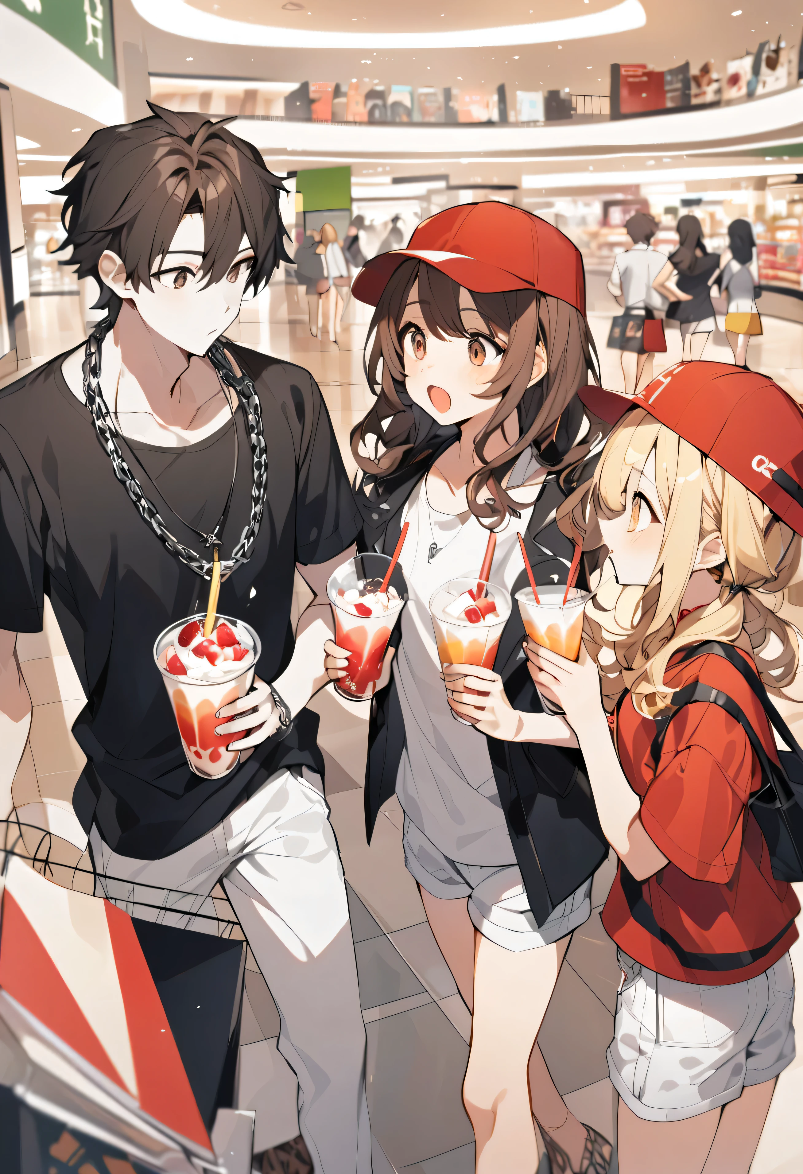 desenhe um menino de anos com pele branca e short, wavy brown hair and wearing a red cap with a black shirt, white shorts and a chain around his neck that says GX and with brown eyes and he is in a mall with two blondes having a milkshake