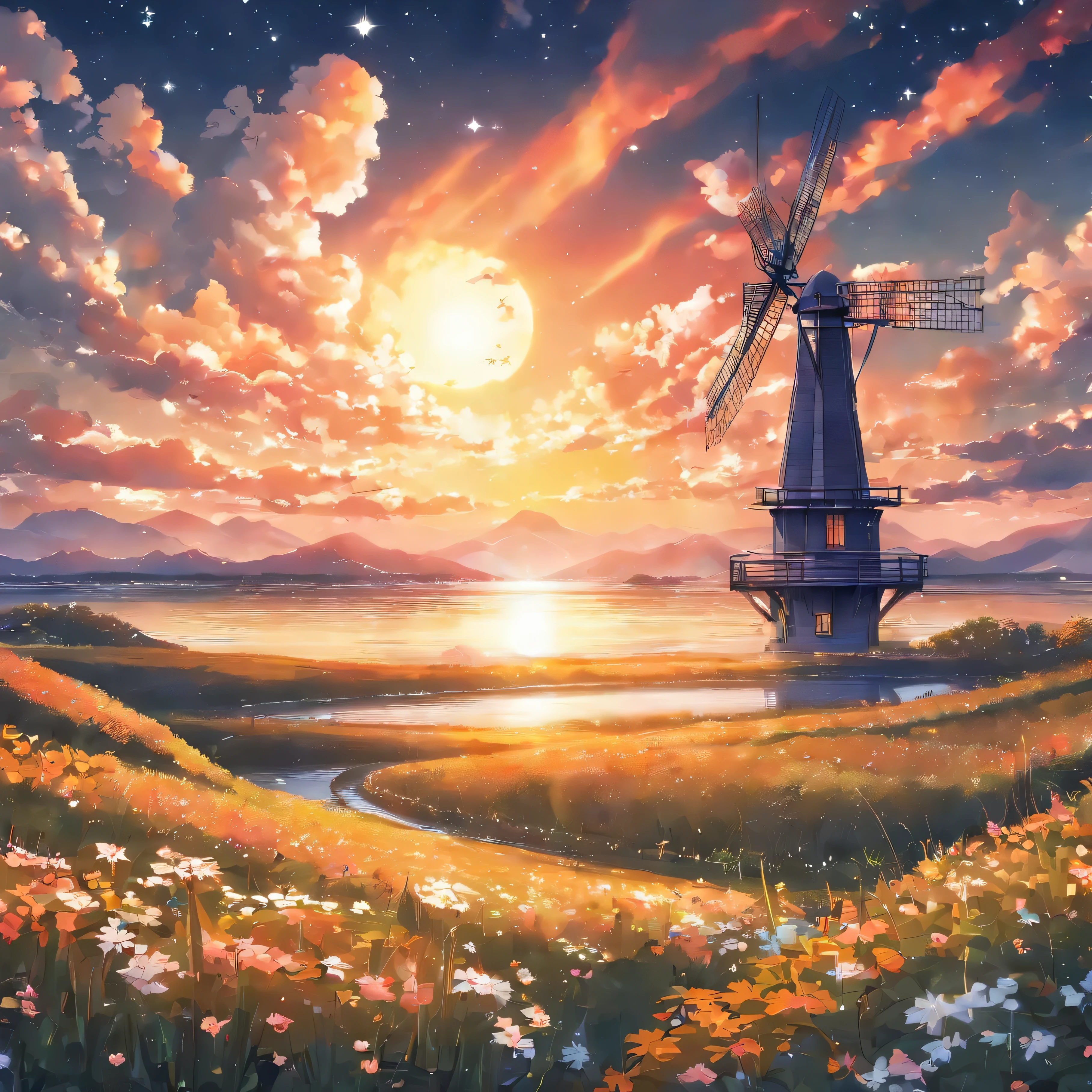 (Best quality,8k,High accuracy,Masterpiece:1.2),Very detailed,(real,photoreal,photo-real:1.37),sunset,Windmill,romantic,beautiful sky,Sparkling stars