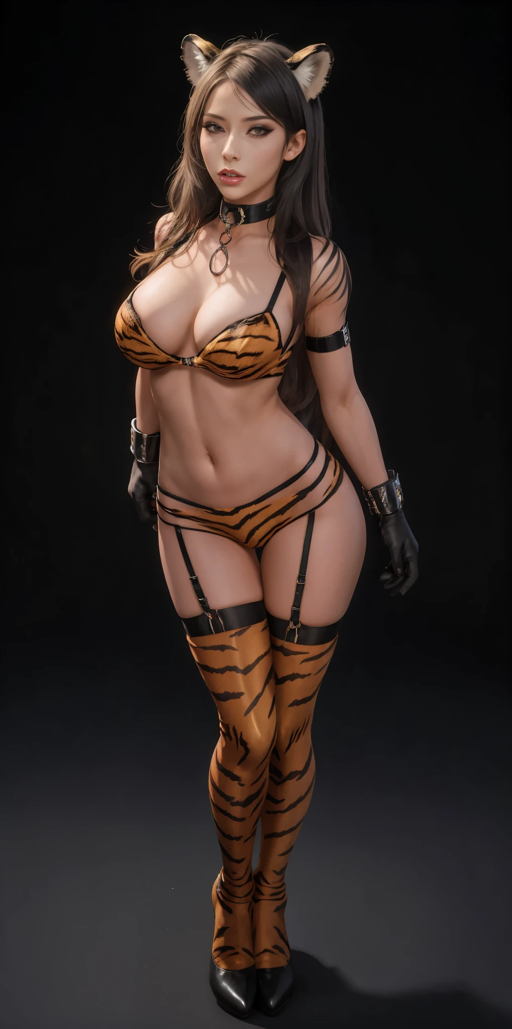 1 solo female schoolgirl, animal tiger ears, animal tiger hands, animal tiger print, bell, breasts, choker, claws, cleavage, collar, full body, gloves, large breasts, lips, long hair, looking at viewer, navel, neck bell, tiger paw gloves, tail, thighhighs, tiger ears, tiger print, tiger tail, short bob hair, standing straight symmetrical on black background