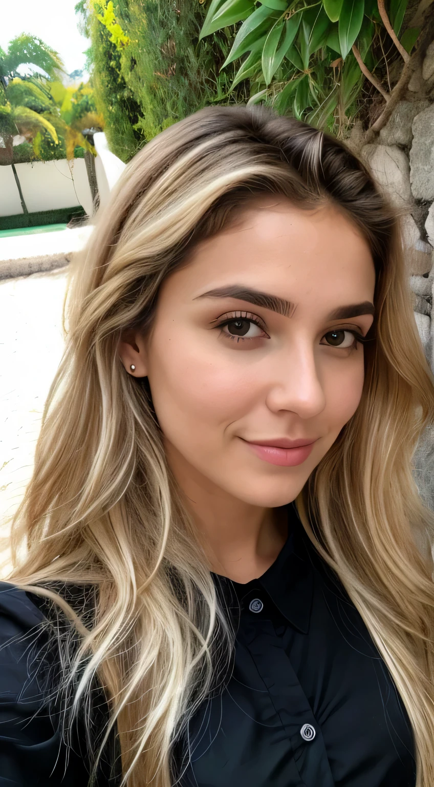 Uma mulher loira de 23 anos, ((seios grandes)), ((hiperrealismo)) ,. blonde hair with light brown roots. cabelo loiro, Hair with brown roots, cabelo extra longo, cabelo muito comprido, cabelo muito comprido, lindo, vista frontal, selfie, foto tirada com iPhone, camisa preta elegante com escote, corte baixo, selfie no jardim, alta qualidade, selfie iPhone, decote