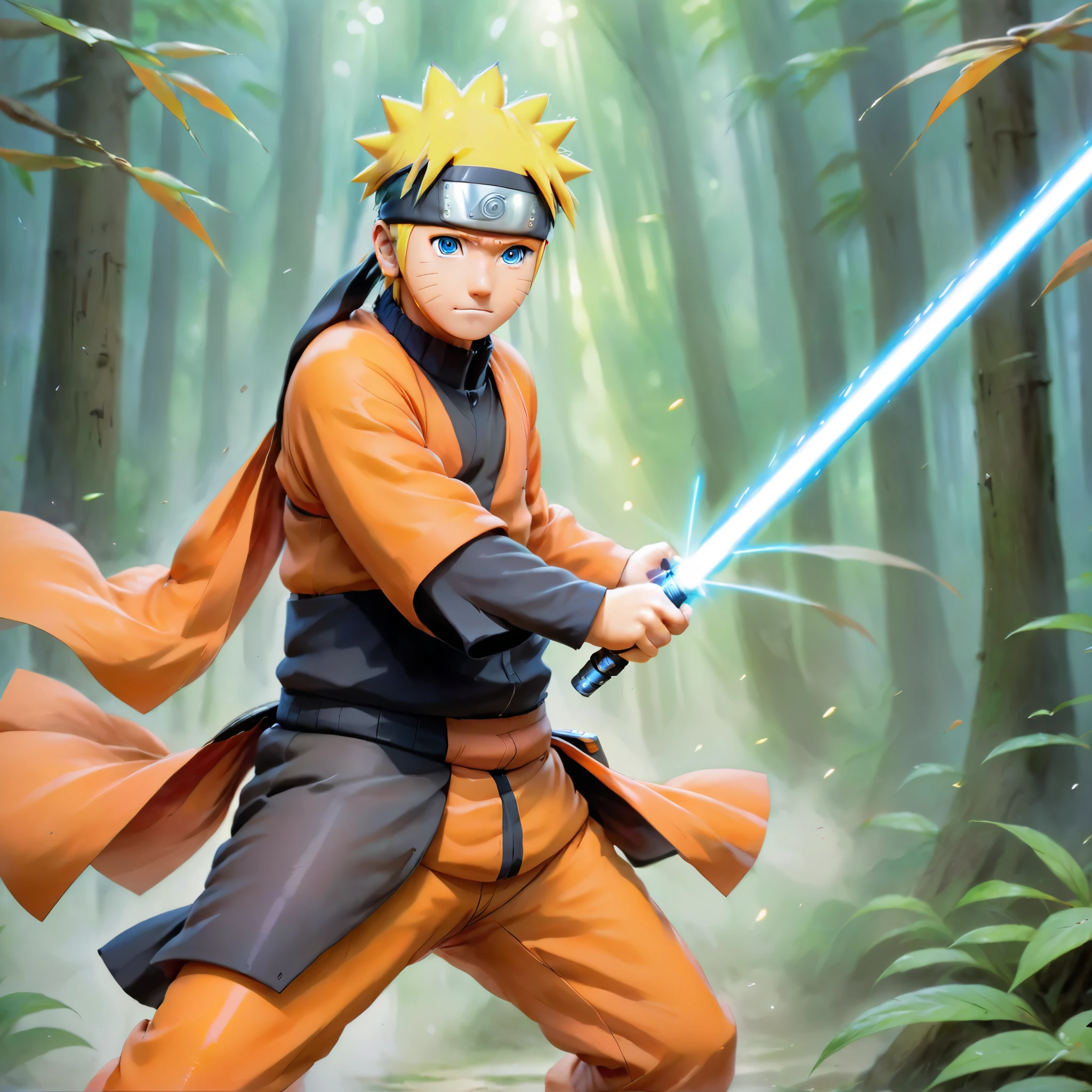 ethereal fantasy concept art of  watercolor painting naruto as a jedi with a light saber,  have a lightsaber, Handmade, delicate, Impressionism, bright, Brilliant, colorful, very detailed, grow, heavenly, ethereal, painterly, amazing, majestic, Magic, fantasy art, cover art, dream-like