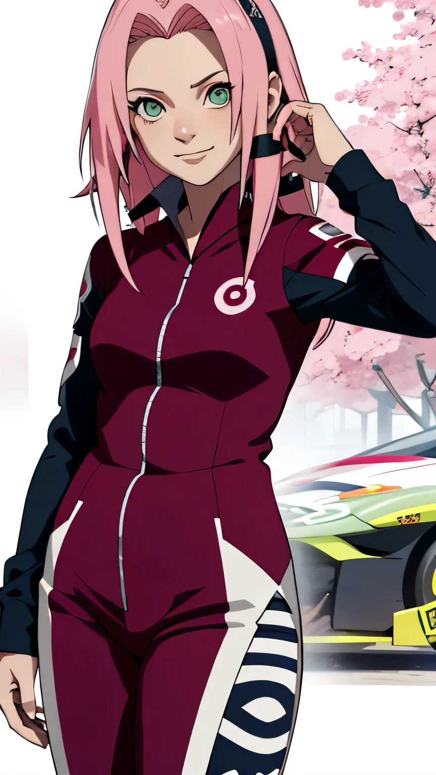 tmasterpiece, Best quality at best, 1girll,Sakura Haruno,(fullbody closeup),Raised sexy,is shy,ssmile,with pink hair, long whitr hair, (Green eyeballs:1.4),dark blue Forehead protection, formula racing car in the background,long sleeve, fully black suit