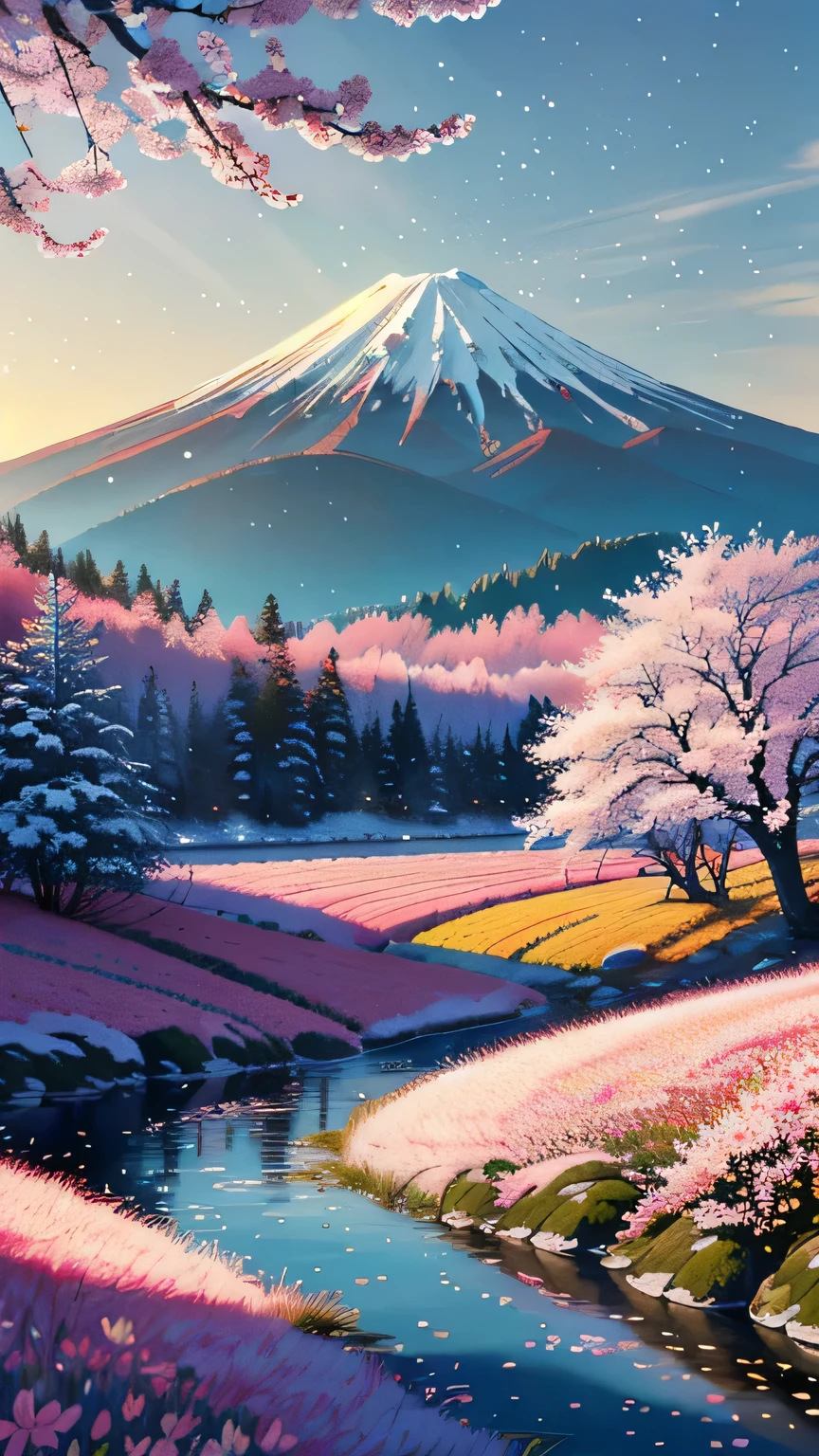 (Masterpiece, High Quality, Spring Landscape in the Mountains),Blossoming Cherry Blossoms and Colorful Tulips, (Detailed Background: 1.0), (Vibrant Colors, Bright Hues), Mountains in the Distance with Snow-capped Peaks, (Dynamic Lighting: 1.5), Sun Rays Filtering Through the Trees, (High Resolution: 4K), Crisp Air and Fresh Greenery, (Cinematic Composition), (Realistic Textures), (Physically-based Rendering), (Award-winning), (Natural Scene), (Japanese Inspiration), (Serene Atmosphere