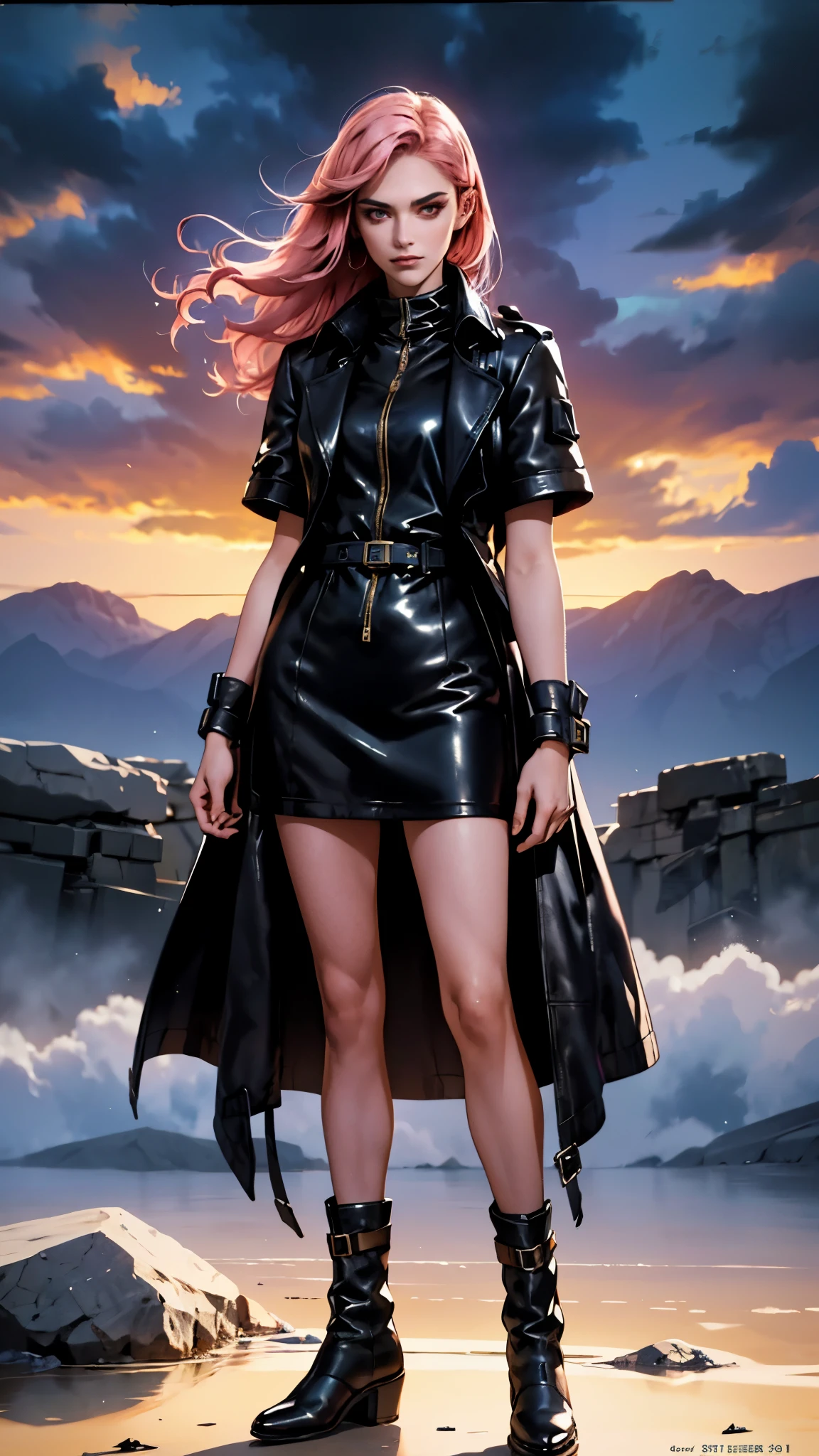(A beautiful young girl with long curly pink hair, slender eyebrows, sparkling eyes, a bewildered expression, an oval-shapedl face with pale skin, a knee-length form-fitting leather trench coat with very short sleeves, she adorns both hands with metallic wrist guards in a sci-fi ancient civilization style, her long legs are clad in leather boots as she soars through the misty clouds), this character embodies a finely crafted fantasy-realism style western ranger in anime style, exquisite and mature manga art style, porcelain skin, perfect skin, perfect eyes, high definition, best quality, highres, ultra-detailed, ultra-fine painting, extremely delicate, professional, anatomically correct, symmetrical face, extremely detailed eyes and face, high quality eyes, creativity, RAW photo, UHD, 32k, Natural light, cinematic lighting, masterpiece-anatomy-perfect, masterpiece:1.5