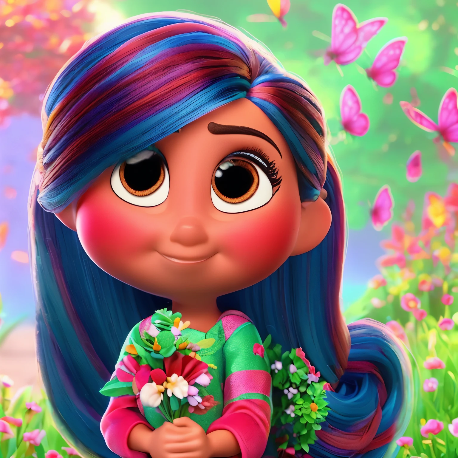 make a disney style character. Ela deve ter pele clara, cabelos castanhos escuros acima dos ombros, grandes olhos verdes escuros, ser confeiteira, estar segurando um bolo em uma padaria, avental rosa florido