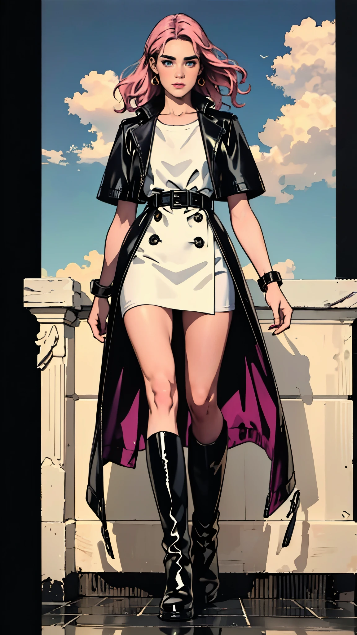 (A beautiful young girl with long curly pink hair, slender eyebrows, sparkling eyes, a bewildered expression, an oval-shapedl face with pale skin, a knee-length form-fitting leather trench coat with very short sleeves, she adorns both hands with metallic wrist guards in a sci-fi ancient civilization style, her long legs are clad in leather boots as she soars through the misty clouds), this character embodies a finely crafted fantasy-realism style western ranger in anime style, exquisite and mature manga art style, porcelain skin, perfect skin, perfect eyes, (Jennifer Connelly:1.2), high definition, best quality, highres, ultra-detailed, ultra-fine painting, extremely delicate, professional, anatomically correct, symmetrical face, extremely detailed eyes and face, high quality eyes, creativity, RAW photo, UHD, 32k, Natural light, cinematic lighting, masterpiece-anatomy-perfect, masterpiece:1.5