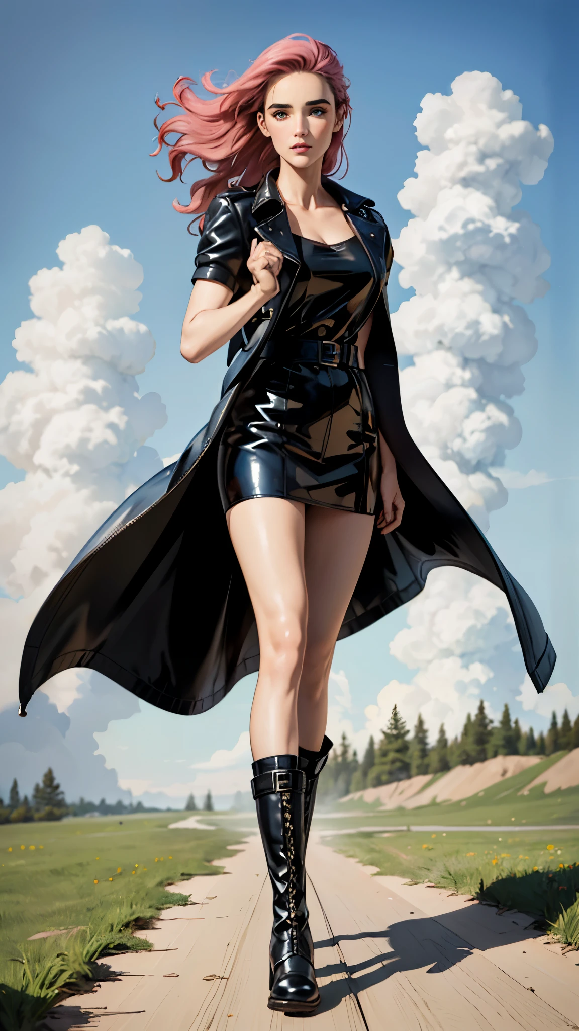 (A beautiful young girl with long curly pink hair, slender eyebrows, sparkling eyes, a bewildered expression, an oval-shapedl face with pale skin, a knee-length form-fitting leather trench coat with very short sleeves, she adorns both hands with metallic wrist guards in a sci-fi ancient civilization style, her long legs are clad in leather boots as she soars through the misty clouds), this character embodies a finely crafted fantasy-realism style western ranger in anime style, exquisite and mature manga art style, porcelain skin, perfect skin, perfect eyes, (Jennifer Connelly:1.2)high definition, best quality, highres, ultra-detailed, ultra-fine painting, extremely delicate, professional, anatomically correct, symmetrical face, extremely detailed eyes and face, high quality eyes, creativity, RAW photo, UHD, 32k, Natural light, cinematic lighting, masterpiece-anatomy-perfect, masterpiece:1.5