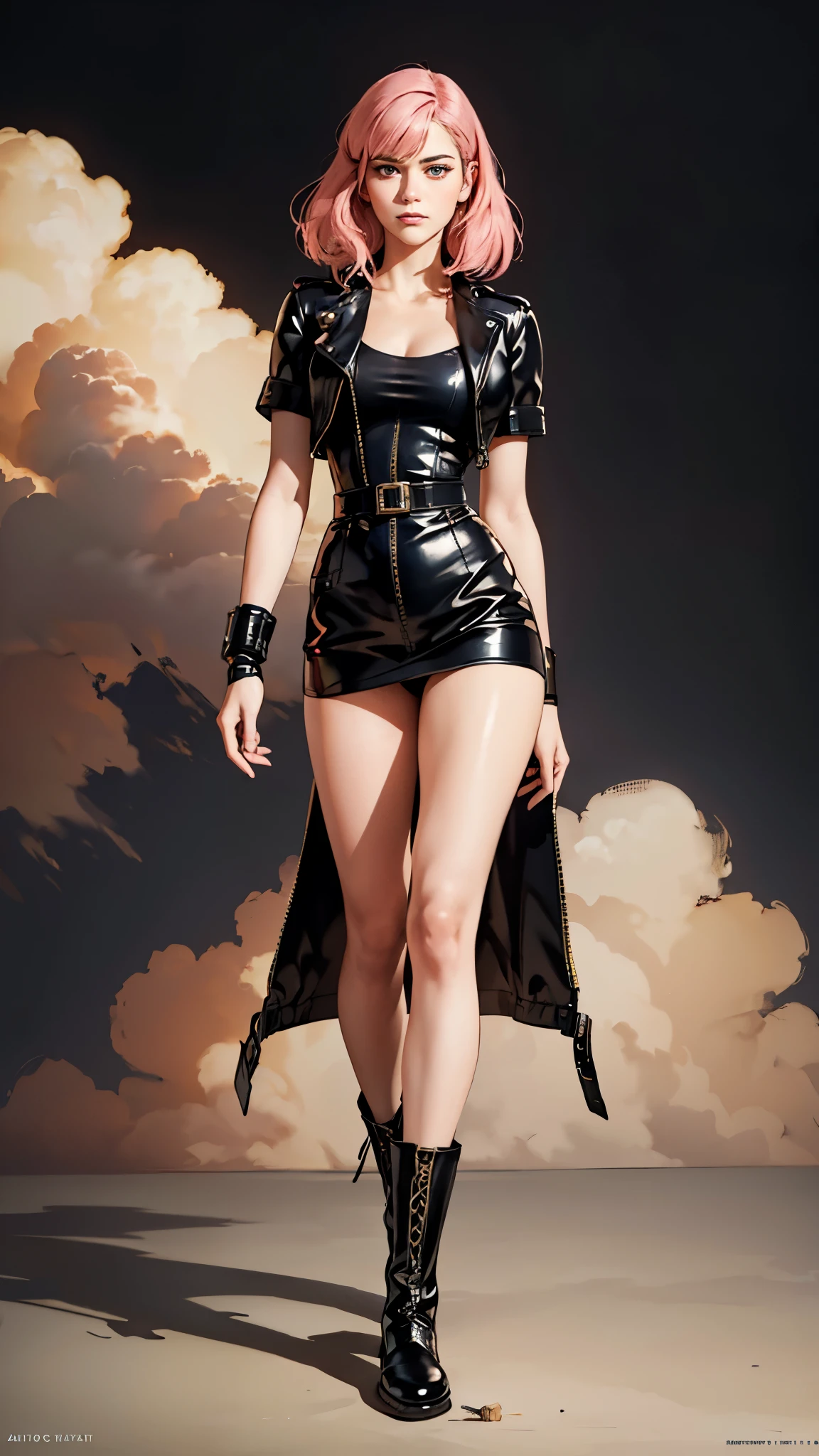 (A beautiful young girl with long curly pink hair, slender eyebrows, sparkling eyes, a bewildered expression, an oval-shapedl face with pale skin, a knee-length form-fitting leather trench coat with very short sleeves, she adorns both hands with metallic wrist guards in a sci-fi ancient civilization style, her long legs are clad in leather boots as she soars through the misty clouds), this character embodies a finely crafted fantasy-realism style western ranger in anime style, exquisite and mature manga art style, porcelain skin, perfect skin, perfect eyes, (Mary Elizabeth Winstead:1.2), high definition, best quality, highres, ultra-detailed, ultra-fine painting, extremely delicate, professional, anatomically correct, symmetrical face, extremely detailed eyes and face, high quality eyes, creativity, RAW photo, UHD, 32k, Natural light, cinematic lighting, masterpiece-anatomy-perfect, masterpiece:1.5