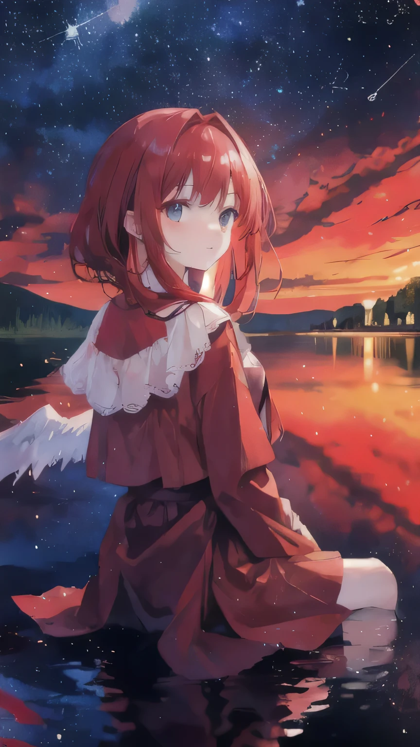 A red-haired girl with wings, sitting by a tranquil lake, gazing up at the stars, best quality, masterpiece, colorful, starry night, reflecting the twinkling stars on the water's surface, wings spread wide, adding an ethereal and aesthetic touch to the scene.