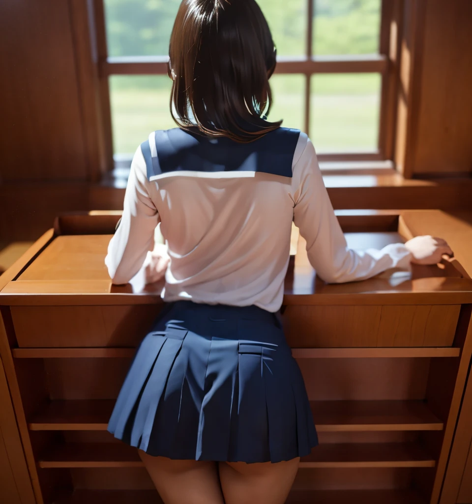 highest quality、8K、professional lighting、Natural light、A cute boy、fiery idol pose、precision wool、beautiful and delicate skin、shiny skin、no makeup、thin、pale skin、big breasts、very short hair、I&#39;学校の教室にいるI、Rows of desks、blackboard、pulpit、High school girl in uniform、She is wearing a navy blue super miniskirt:1.8、barefoot:1.6、Miniskirt flips up:1.6、backwards、lean forward:1.8、stick out your butt:1.8、Photographed from directly below the rear:1.8、Shot from a low angle from behind:1.8、white pantiesを見せる:1.8、white panties:1.8、photo from head to knees:1.8