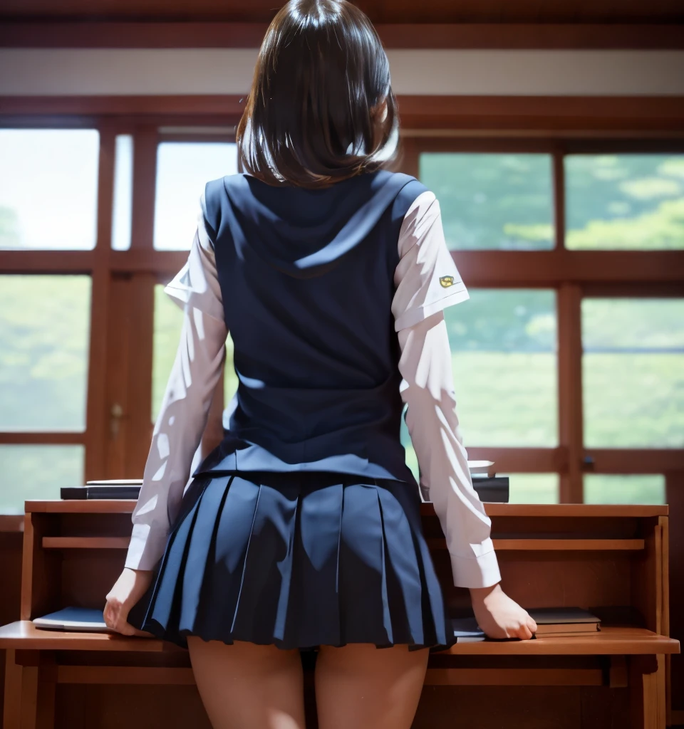 highest quality、8K、professional lighting、Natural light、A cute boy、fiery idol pose、precision wool、beautiful and delicate skin、shiny skin、no makeup、thin、pale skin、big breasts、very short hair、I&#39;学校の教室にいるI、Rows of desks、blackboard、pulpit、High school girl in uniform、She is wearing a navy blue super miniskirt:1.8、barefoot:1.6、Miniskirt flips up:1.6、backwards、lean forward:1.8、stick out your butt:1.8、Photographed from directly below the rear:1.8、Shot from a low angle from behind:1.8、white pantiesを見せる:1.8、white panties:1.8、photo from head to knees:1.8