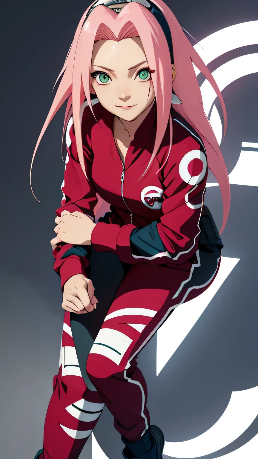 tmasterpiece, Best quality at best, 1girll,Sakura Haruno,(fullbody closeup),Raised sexy,is shy,ssmile,with pink hair, long whitr hair, (Green eyeballs:1.4),dark blue Forehead protection, formula car background,long sleeve, race driver suit