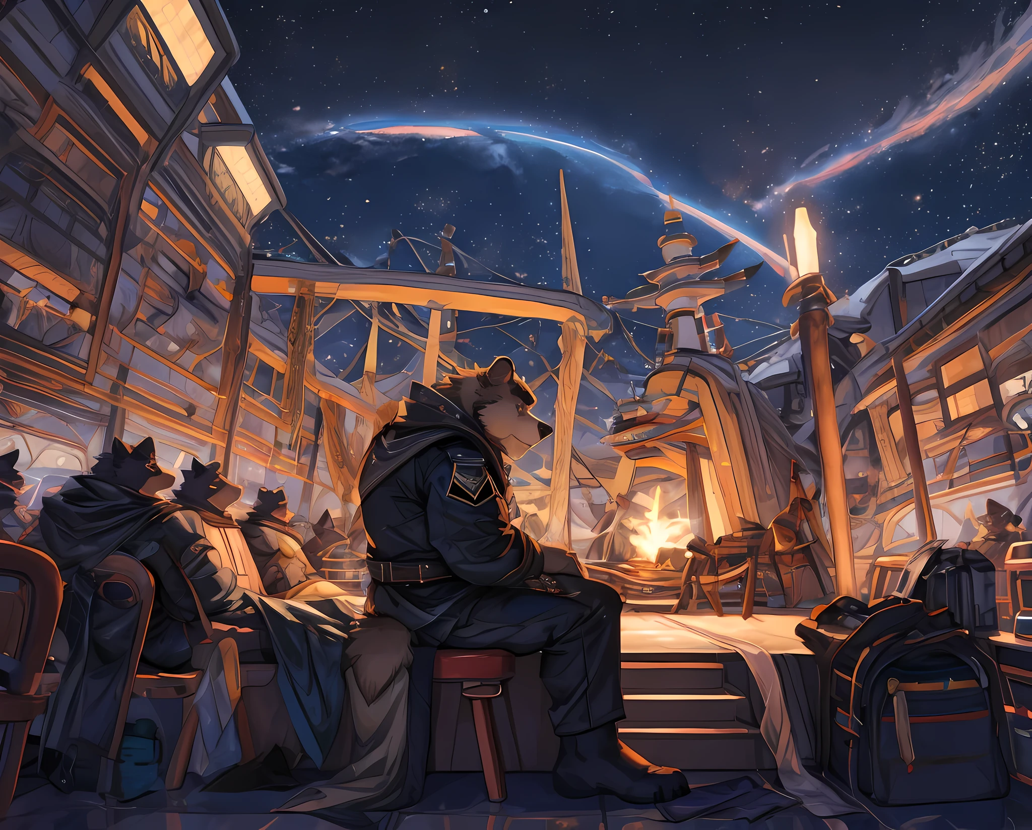 Anthropomorphic, (Solo), Anthro male, Single, Male, Lone Bear, 50 years old, in army clothes, in airplanes ship, Perfect scaling, Masterpiece, by Zixiong, watching a Starfall, in the window, Embrace the Sky, Stargazing, Beautiful atmosphere, on the space