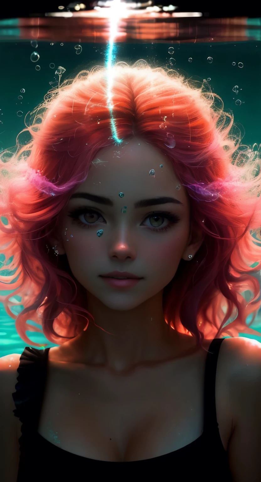 um retrato de uma mulher submersa, com correntes de tinta vermelha e preta rodopiando em torno delas, reminiscent of underwater smoke. O jogo de luz cria um contraste gritante, highlighting the serene expression on the face amidst the chaos of colors, com bolhas espalhadas pela vista, suggesting a silent explosion in slow motion. Light refracts through water, adding depth and a dreamlike quality to the scene, focusing on the interaction between the dyed tendrils and the illuminated bubbles., Precipitate girl, pose sexy