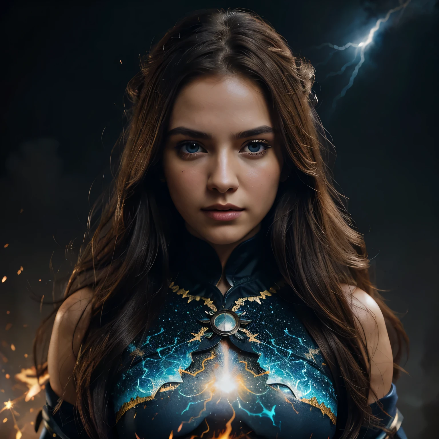 Albanian, girl, long brown hair, blue eyes, Spark cotton fire ball lightning whirling Ultra detailed illustration painting of a bedazzling wild enviroment, rule of thirds depth of field intricate details, concept art, subtle colors, fantastical realm, extremely detailed, ultra sharp focus, light particles, attention to detail, grandeur and awe, cinematic, stunning visual masterpiece, double exposure, 8k, photorealistic, strong outlines, dynamic pose,