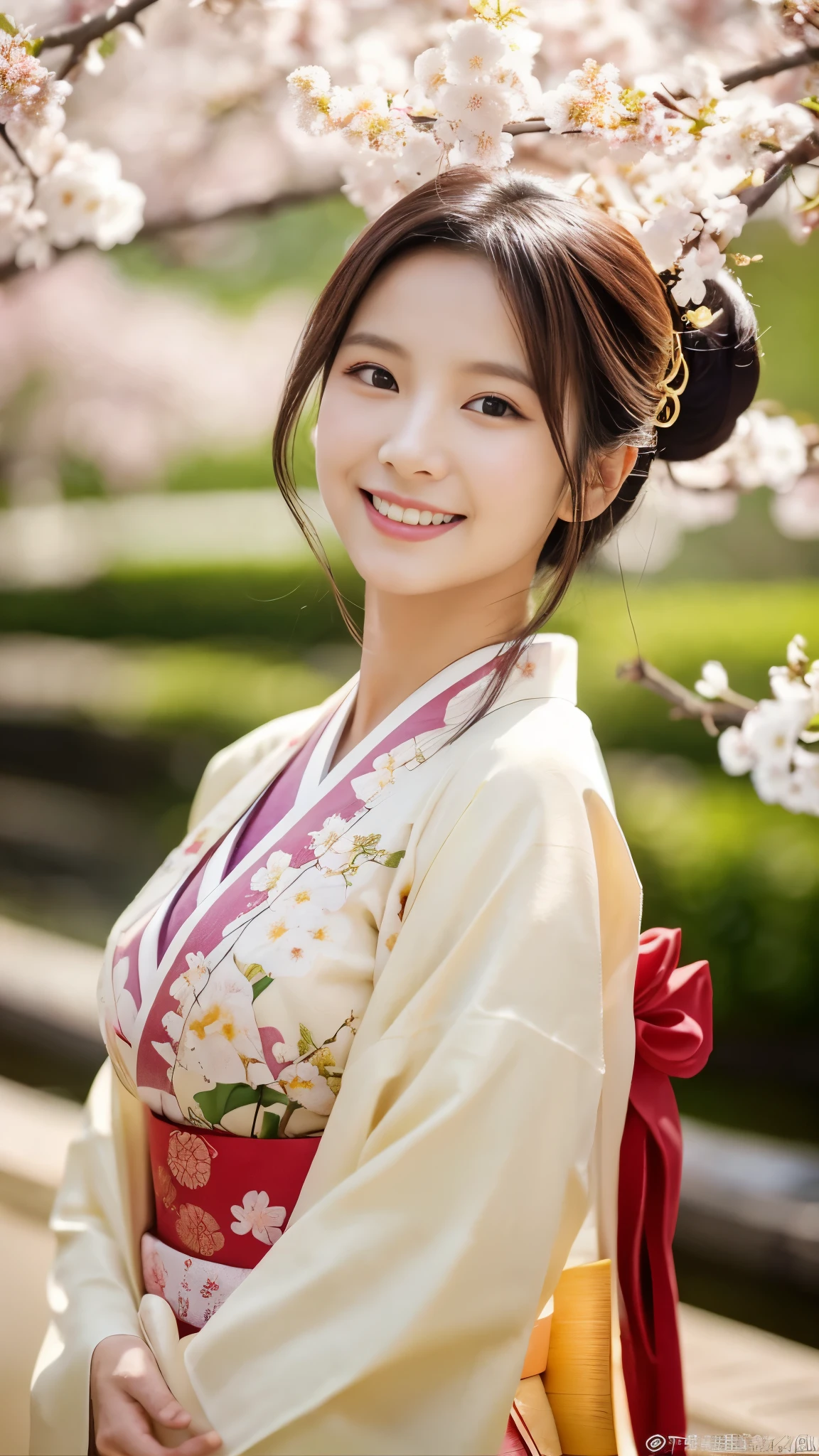 (highest quality、16k、masterpiece、realistic、Super detailed、Beautiful in every detail、ray tracing)、photograph、
break beautiful asian girl、Looks like a Korean idol、25 year old female model、random hair color、(detailed face、golden ratio of beauty)、((smile))、lip details、fine eyes、random hairstyles、Super cute face with coddle style、slim and beautiful body、beautiful breasts、Glossy skin、
break、
Please generate an image of a Japanese-themed woman wearing a kimono.、that woman'The pose is elegant、The pattern and color of the kimono must express the traditional beauty of Japan.、Kimono that exposes less skin、spring kimono、original style、
break 、(The background is a Japanese garden)、Please describe it as a place where you can feel peace.、
Cherry blossoms in full bloom on branches in the foreground,:d,looking_up,(aerial:1.2),available light,