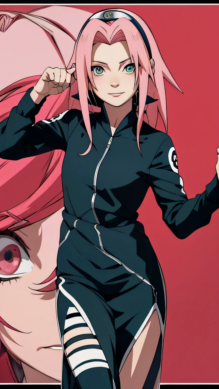 tmasterpiece, Best quality at best, 1girll,Sakura Haruno,(fullbody closeup),Raised sexy,is shy,ssmile,with pink hair, long whitr hair, (Green eyeballs:1.4),dark blue Forehead protection, formula car background,long sleeve, race driver suit