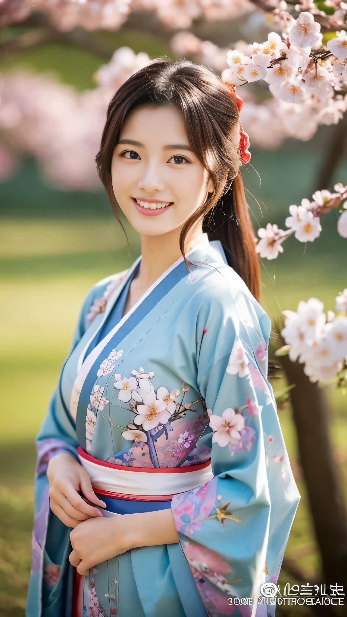 (highest quality、16k、masterpiece、realistic、Super detailed、Beautiful in every detail、ray tracing)、photograph、
break beautiful asian girl、Looks like a Korean idol、25 year old female model、random hair color、(detailed face、golden ratio of beauty)、((smile))、lip details、fine eyes、random hairstyles、Super cute face with coddle style、slim and beautiful body、beautiful breasts、Glossy skin、
break、
Please generate an image of a Japanese-themed woman wearing a kimono.、that woman&#39;The pose is elegant、The pattern and color of the kimono must express the traditional beauty of Japan.、Kimono that exposes less skin、spring kimono、original style、
break 、(The background is a Japanese garden)、Please describe it as a place where you can feel peace.、
Cherry blossoms in full bloom on branches in the foreground,:d,looking_up,(aerial:1.2),available light,