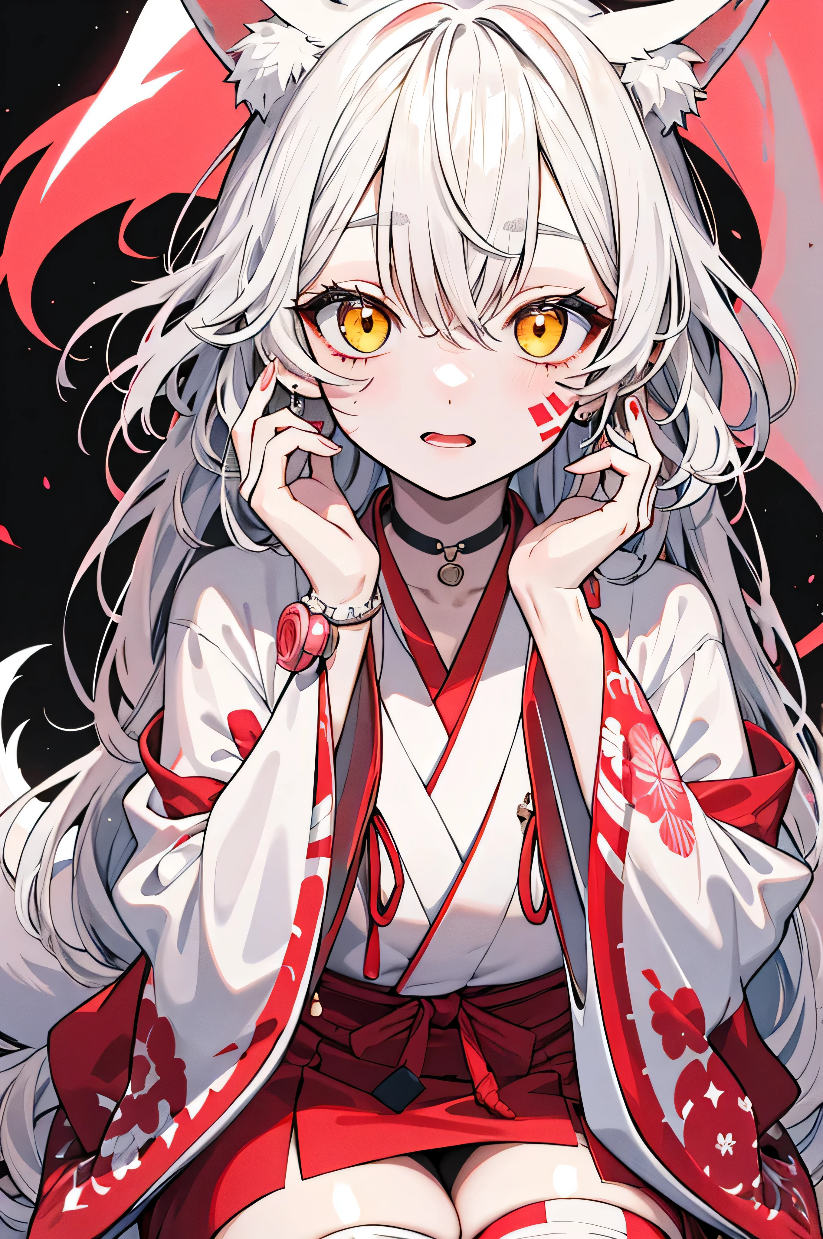Fox girl, 8k, HD quality, best quality, extra detail, beautiful ethereal lighting, white, pink, and red, glow, red facial markings, yellow eyes, fluffy white hair, curvy body shape, medium , thick thighs, japanese style, harajuku style, modern, ((zoom on face))