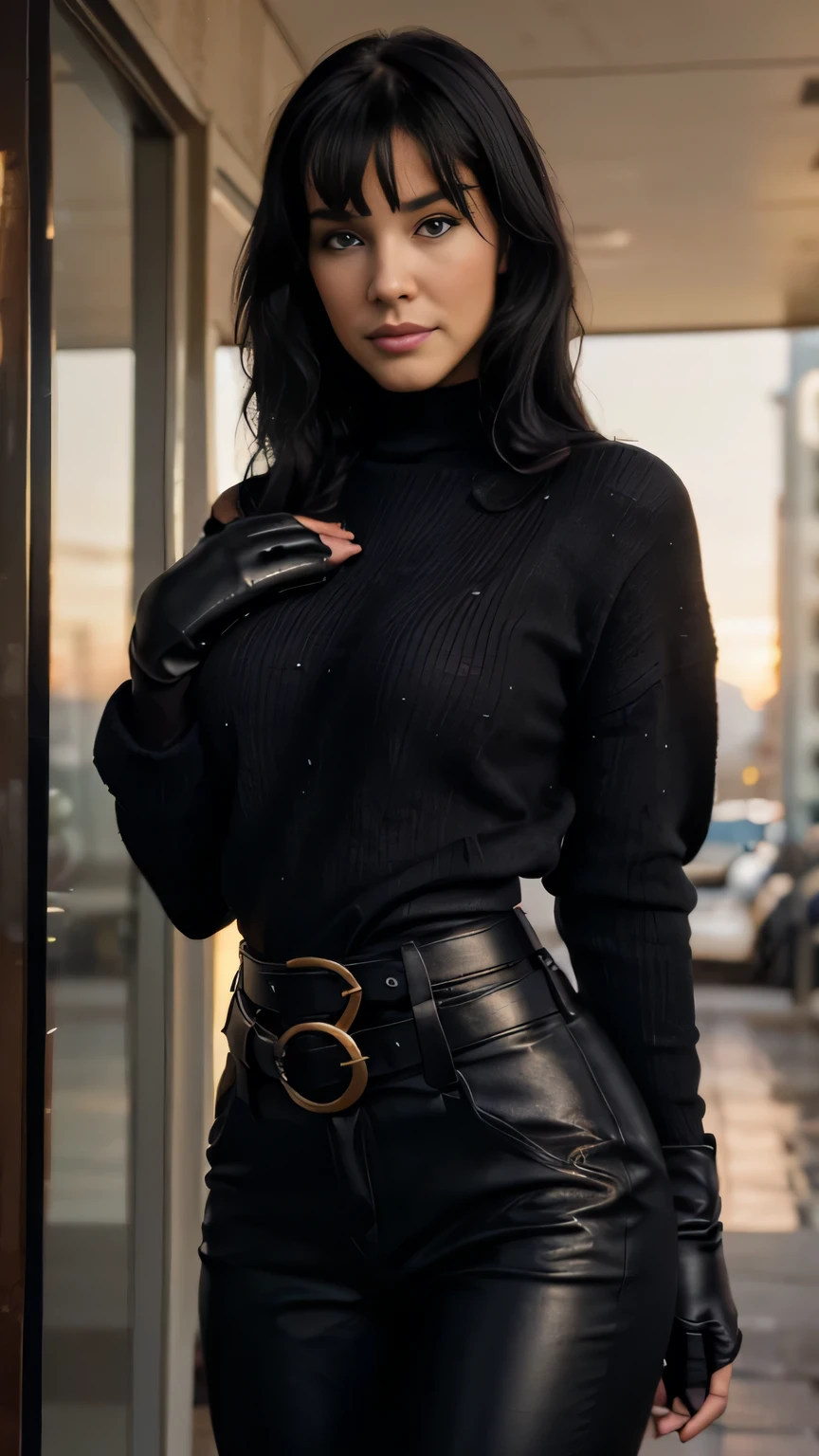 Foreground: a gorgeous sensual Bettie page, age 40, wet wavy black in the wind. she's a men magazine model, She has a subtle smile and flirts with the camera, (she wears casual shirt , black cloth gloves, with a long wool sweater and leather pants with big belt:1.2),background gorgeous modern bedroom, (in sunset light:1.2), perfect eyes, perfect hands, perfect body, perfect hair, perfect breast, hair behind ear, UHD, retina, masterpiece, accurate, anatomically correct, textured skin, super detail, high details, high quality, award winning, best quality, highres, 16k, 8k,