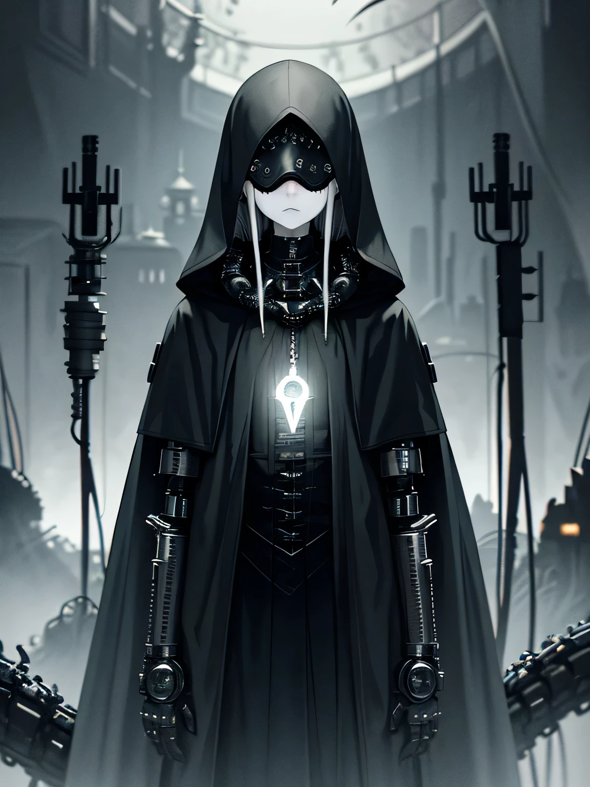 (Dark biopunk art), (gloomy tentacle biopunk), knee-length portrait, beautiful mechanized biopunk girl, gray skin, long black biopunk clothes, long black cloak, biopunk blindfold, pale hair, lighthouse accessories, dark lighting, cold lights, highly detailed art, highly detailed background