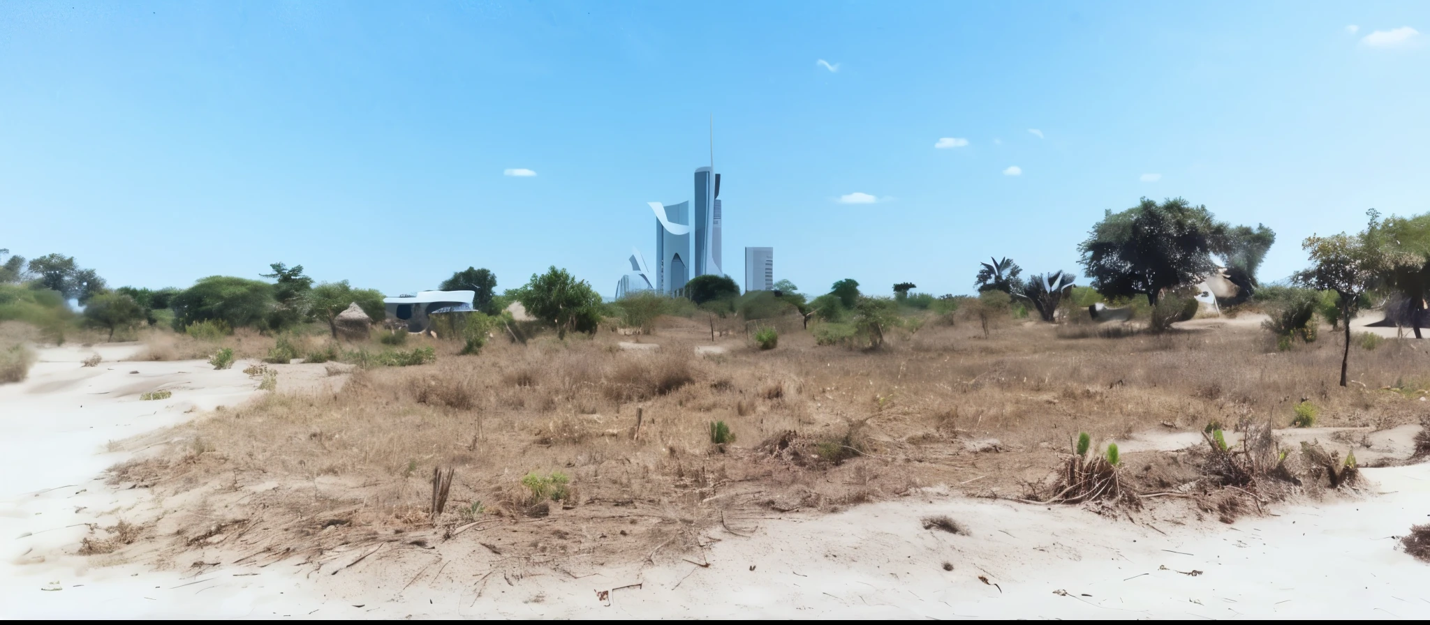 Three futuristic white buildings in a distant background, African savanna, realistic
