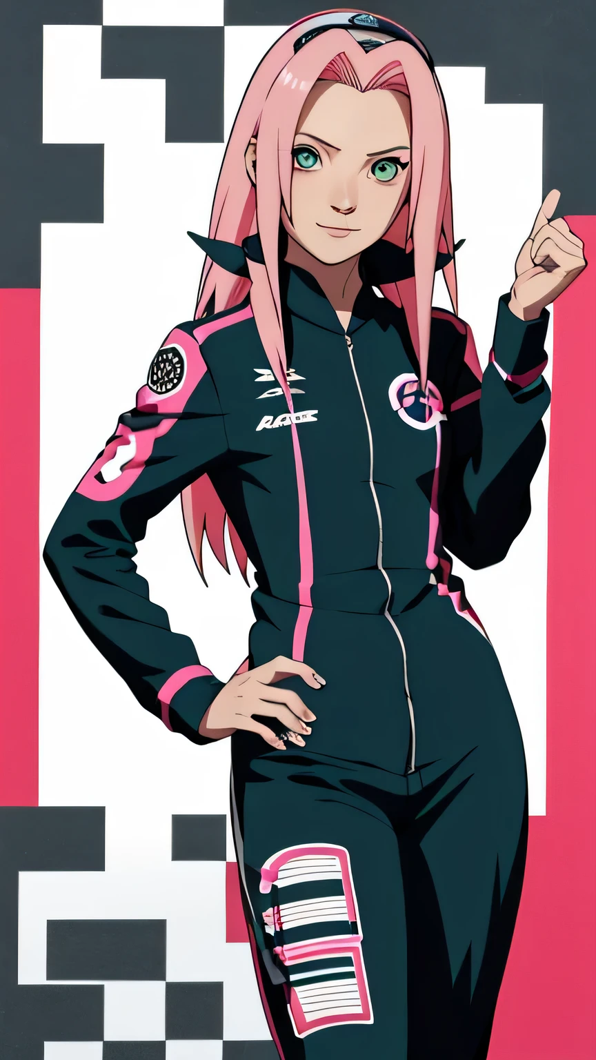 tmasterpiece, Best quality at best, 1girll,Sakura Haruno,(fullbody closeup),Raised sexy,is shy,ssmile,with pink hair, long whitr hair, (Green eyeballs:1.4),dark blue Forehead protection, formula racing car background,long sleeve, race driver suit