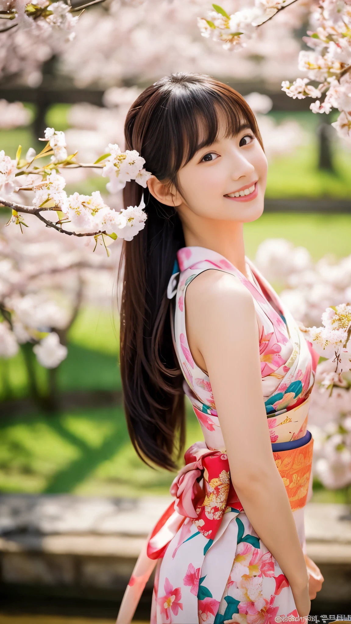 (highest quality、16k、masterpiece、realistic、Super detailed、Beautiful in every detail、ray tracing)、photograph、
break beautiful asian girl、Looks like a Korean idol、25 year old female model、random hair color、(detailed face、golden ratio of beauty)、((smile))、lip details、fine eyes、random hairstyles、Super cute face with coddle style、slim and beautiful body、beautiful breasts、Glossy skin、
break、
Please generate an image of a Japanese-themed woman wearing a kimono.、that woman&#39;The pose is elegant、The pattern and color of the kimono must express the traditional beauty of Japan.、Kimono that exposes less skin、spring kimono、original style、
break 、(The background is a Japanese garden)、Please describe it as a place where you can feel peace.、
Cherry blossoms in full bloom on branches in the foreground,:d,looking_up,(aerial:1.2),available light,