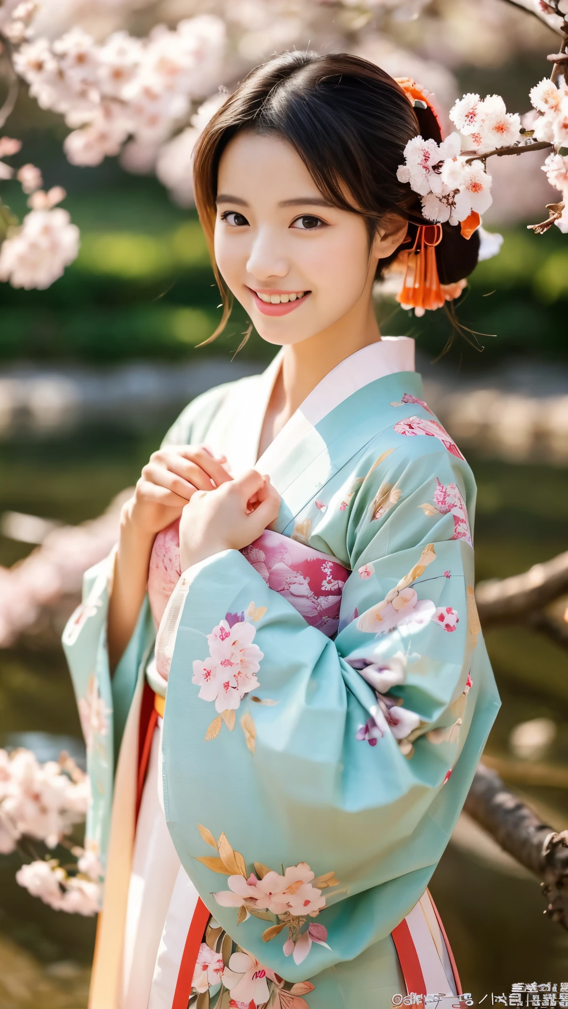 (highest quality、16k、masterpiece、realistic、Super detailed、Beautiful in every detail、ray tracing)、photograph、
break beautiful asian girl、Looks like a Korean idol、25 year old female model、random hair color、(detailed face、golden ratio of beauty)、((smile))、lip details、fine eyes、random hairstyles、Super cute face with coddle style、slim and beautiful body、beautiful breasts、Glossy skin、
break、
Please generate an image of a Japanese-themed woman wearing a kimono.、that woman'The pose is elegant、The pattern and color of the kimono must express the traditional beauty of Japan.、Kimono that exposes less skin、spring kimono、original style、
break 、(The background is a Japanese garden)、Please describe it as a place where you can feel peace.、
Cherry blossoms in full bloom on branches in the foreground,:d,looking_up,(aerial:1.2),available light,