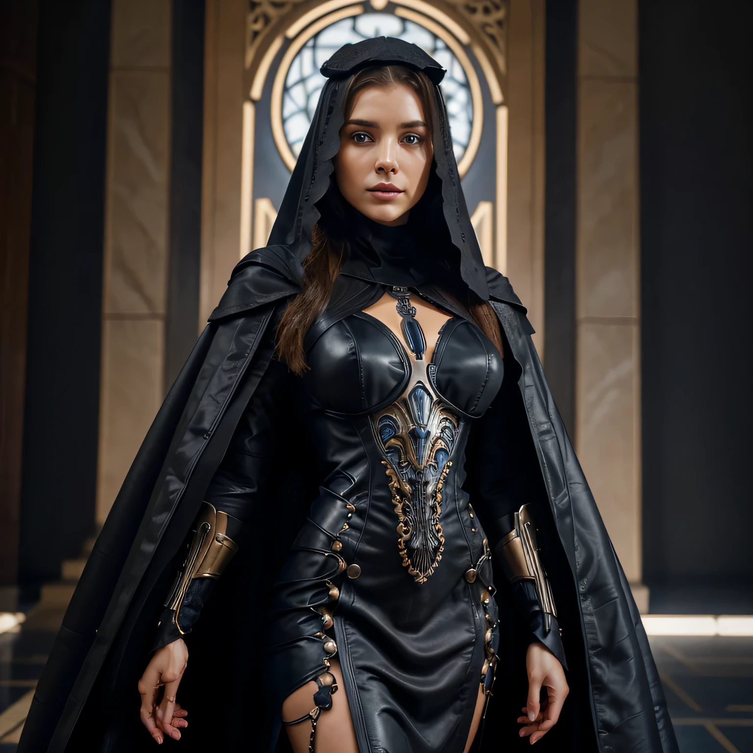 Albanian, girl, long brown hair, blue eyes, a close up of a statue of a woman wearing a veil, still from avengers endgame, biomechanical dress, wearing a luxurious cloak, cinematic woman, african female android, sexy gown, black leather robes! intricate, bone dress, intricate fine lines, by Nathaniel Hone, vril
