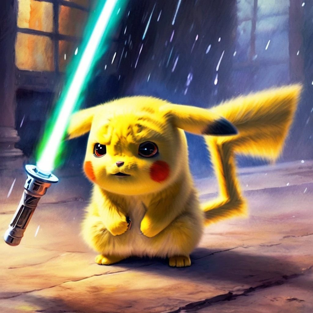 ethereal fantasy concept art of watercolor painting PIKACHU as a jedi with a light saber, have a lightsaber, Handmade, delicate, Impressionism, bright, Brilliant, colorful, very detailed, grow, heavenly, ethereal, painterly, amazing, majestic, Magic, fantasy art, cover art, dream-like