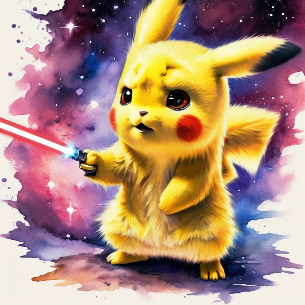ethereal fantasy concept art of watercolor painting PIKACHU as a jedi with a light saber, have a lightsaber, Handmade, delicate, Impressionism, bright, Brilliant, colorful, very detailed, grow, heavenly, ethereal, painterly, amazing, majestic, Magic, fantasy art, cover art, dream-like