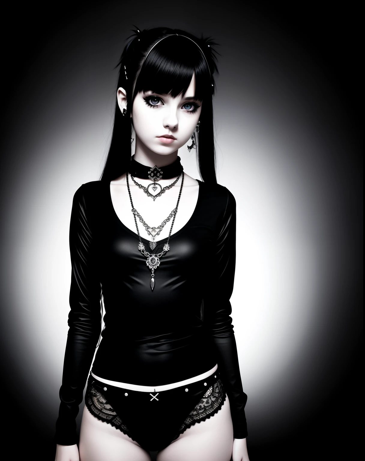 gothic, teen girl, lighting effects, high contrast, detailed face, ultra detail, hyperrealism, young, thin thighs, (full body), piercings, neck collar, cute, sad,