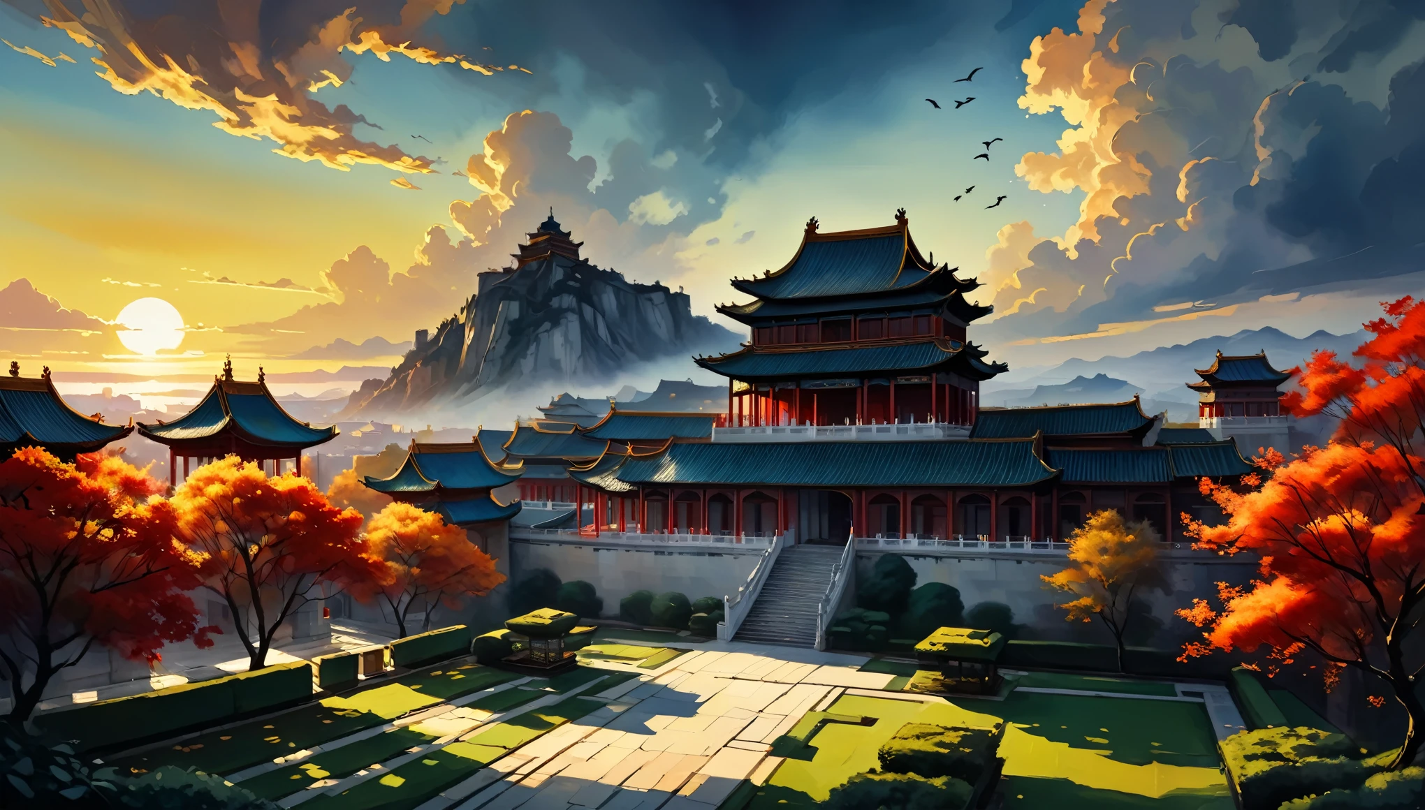 (((bird's eye view))), Cartoon Watercolor & Oil painting illustration, Show one ((Chinese palace complex)) Sunset前的山谷里, king liam style, Peaceful and serene, 2D game art, Ultra HD graphics, Somber and drab color palette,red,grey,Dark tone watercolor cartoon & Joseph Ann Lindecker (Joseph Christian Ryndek) Oil painting & Joseph Ann Lindecker (Joseph Christian Ryndek) of paintings & 约瑟夫·法利of paintings & James Jean & Anders Zorn & Jeremy Mann & alfans muzar, moving images, flowerpunk, intricate details, Dynamic, dramatic lighting, backlight, harrowing, bright colors, Sunset, cumulus, More detail, Movie lighting feel, long shadow, saturated contrast