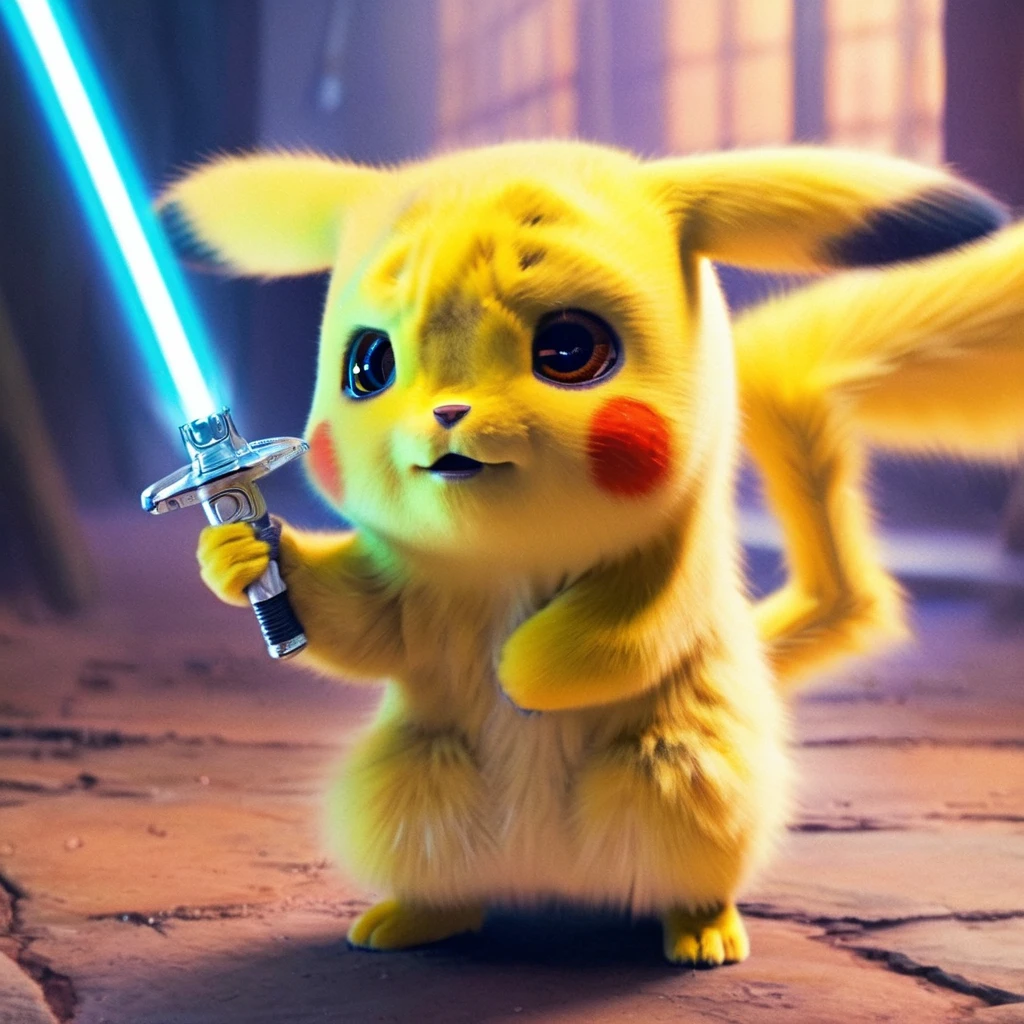 ethereal fantasy concept art of watercolor painting PIKACHU as a jedi with a light saber, have a lightsaber, Handmade, delicate, Impressionism, bright, Brilliant, colorful, very detailed, grow, heavenly, ethereal, painterly, amazing, majestic, Magic, fantasy art, cover art, dream-like