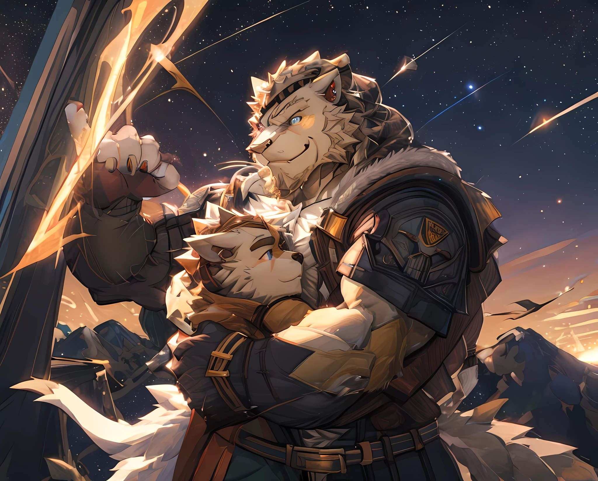 Anthropomorphic, (Solo), Anthro male, Single, Male, Lonenly, 50 years old, in army clothes, in airplanes ship, Perfect scaling, Masterpiece, by Zixiong, watching a Starfall, in the window, Embrace the Sky, Stargazing, Beautiful atmosphere, on the space