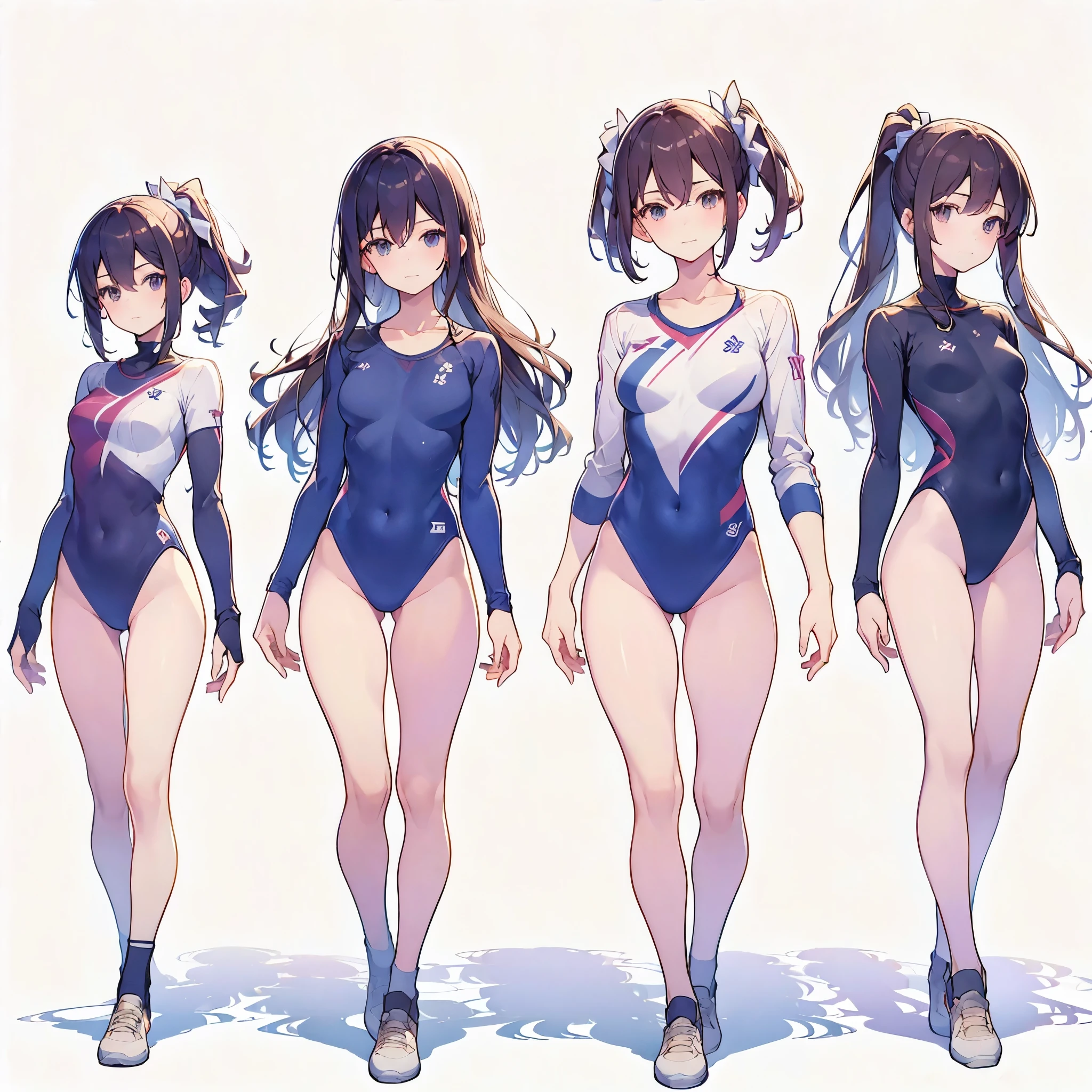 ((full body)),(masterpiece, best quality), (3 girls1.5) ,((Contrapposto:1.5)), looking at viewer, walking,((v_arms:1.2)), wearing gymnastics_longsleeves_leotard_outfit leotard:1.3), , BREAK masterpiece black hair, ((long hair:1.2)), ((parted bangs:1.3)), black eyes, good hand, ((small breasts)), (over 20 years old, under 25 years old:1.2), , spotlight, happy, smile, BREAK in the class room