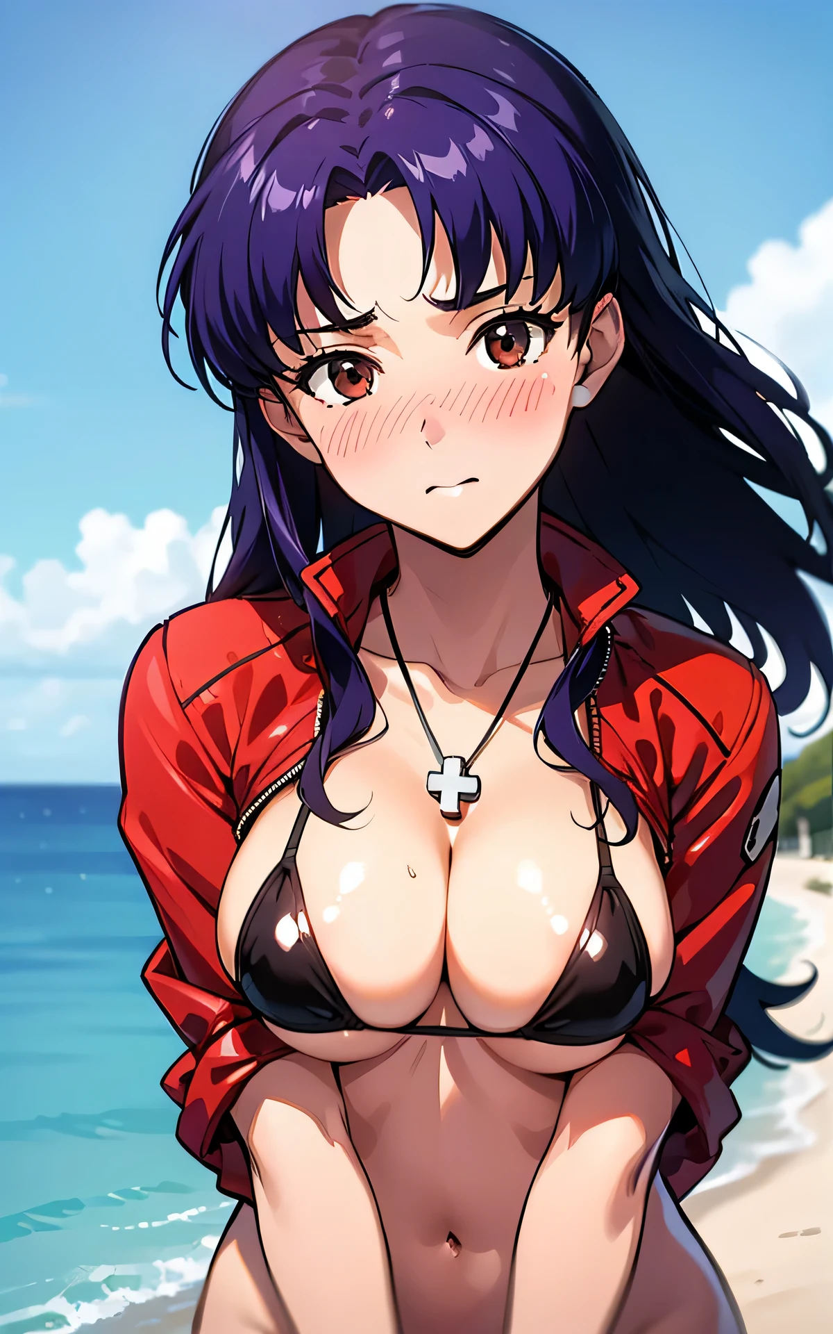 (realisticlying,extremely detailed CG、high resolution、absurderes:1.6、detailed background:1.3、beautiful detailed hair)、1woman, attire: Red jacket,、jacker, middlebreast、((brown-eyed、black micro bikini、)), Purple hair, long Hair, cross necklace, slim waist、((Misato katsuragi))、NERV, Perfectly detailed face, (embarrassed、blush)、(sunny sea)