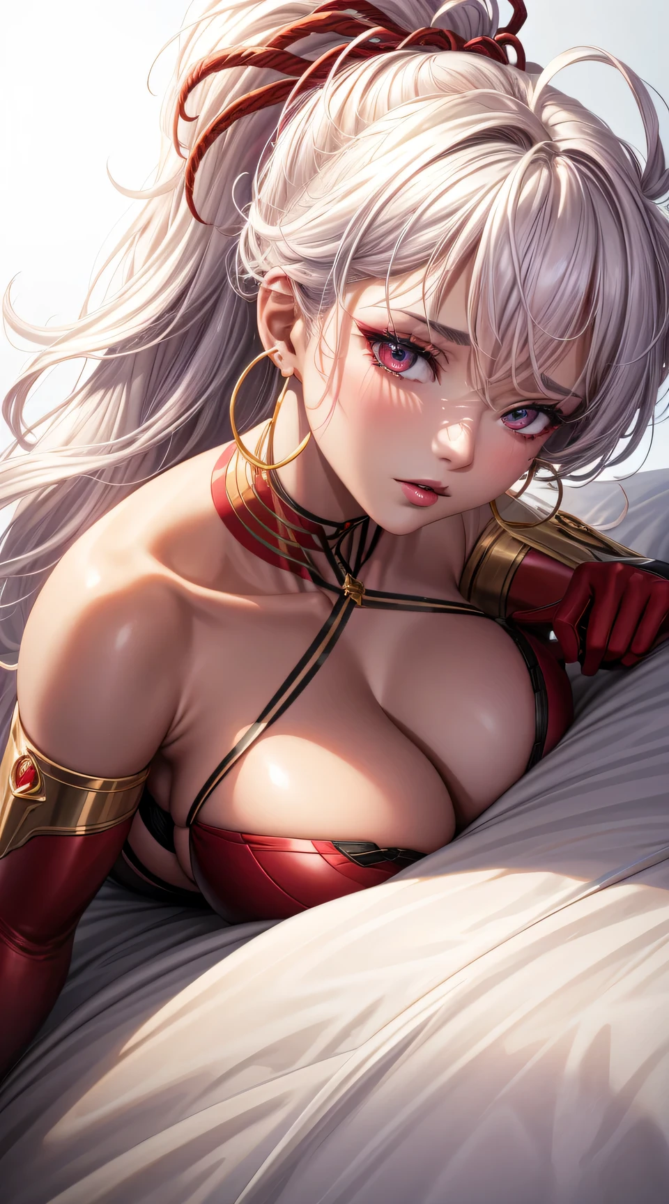 (best quality:1.5, highres, UHD, 4K, detailed lighting, shaders), afro white haired, gradient hair, large breasts, red bra,red string, red, red suit, mature woman , (pov), white background, colorful eyeshadow, dramatic lighting, sparkling eyes, sensual expression, golden earrings, flowing hair, delicate facial features, soft skinned, high cheekbones, urban setting, white background, dont look for the camera, lean forward, sleep in a bed, full body